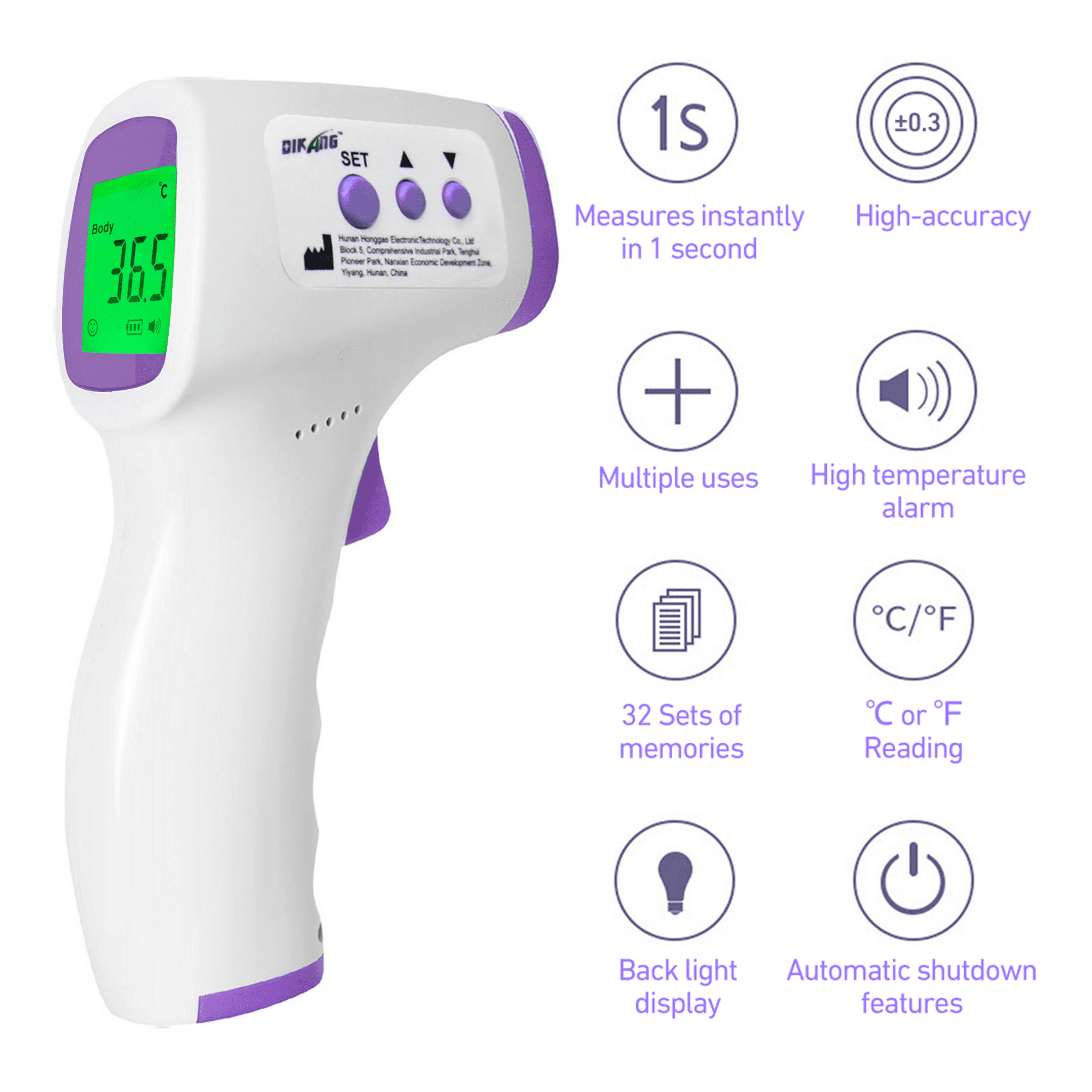 Weißes und lila digitales Thermometer mit Funktionssymbolen: Sofortmessung, hohe Genauigkeit, Speicher.
