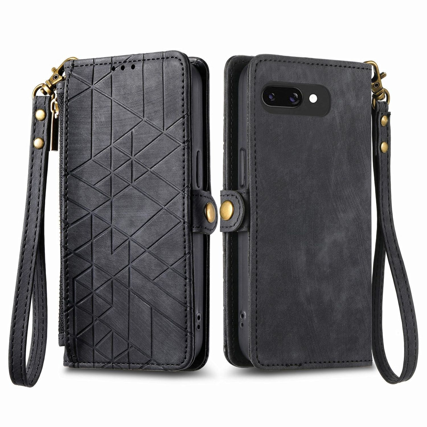 Schwarze Leder-Handyhülle, geschlossen und offen, mit geometrischem Muster und Kartenfächern.