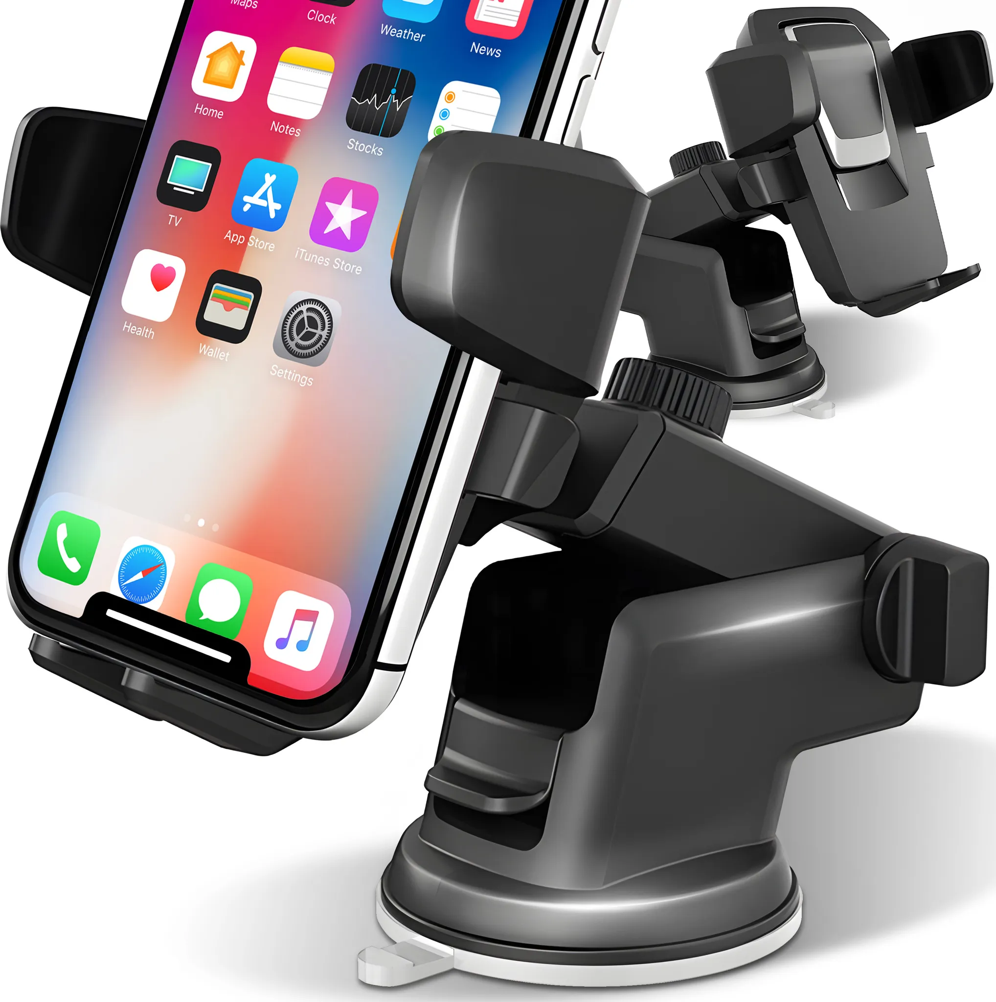 Zwei schwarze Autotelefonhalter mit Smartphone, das App-Symbole anzeigt.