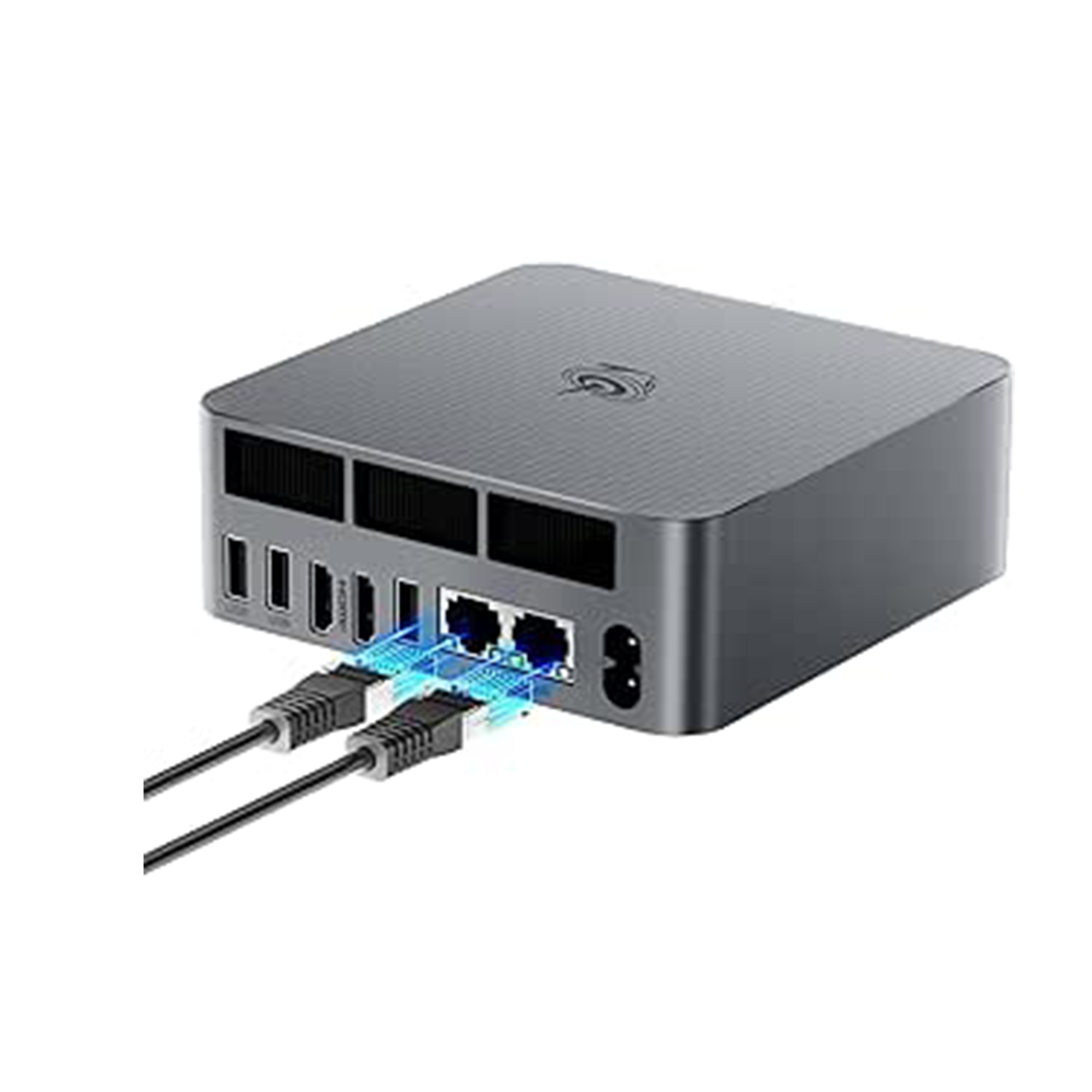 Szary, prostokątny zewnętrzny dysk twardy z portami.