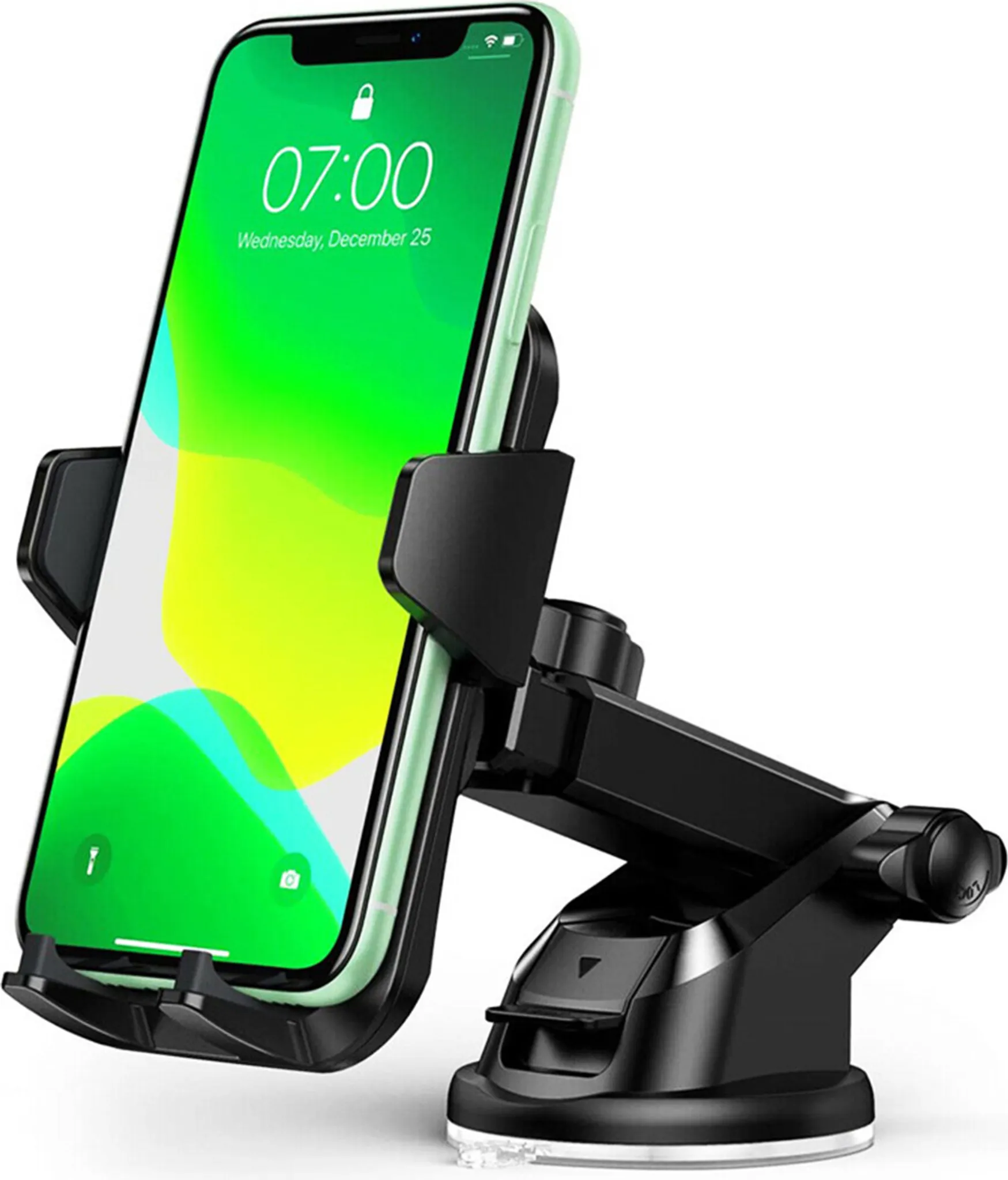 Ein schwarzer Telefonhalter auf dem Armaturenbrett, mit Uhrzeit auf dem Telefon.