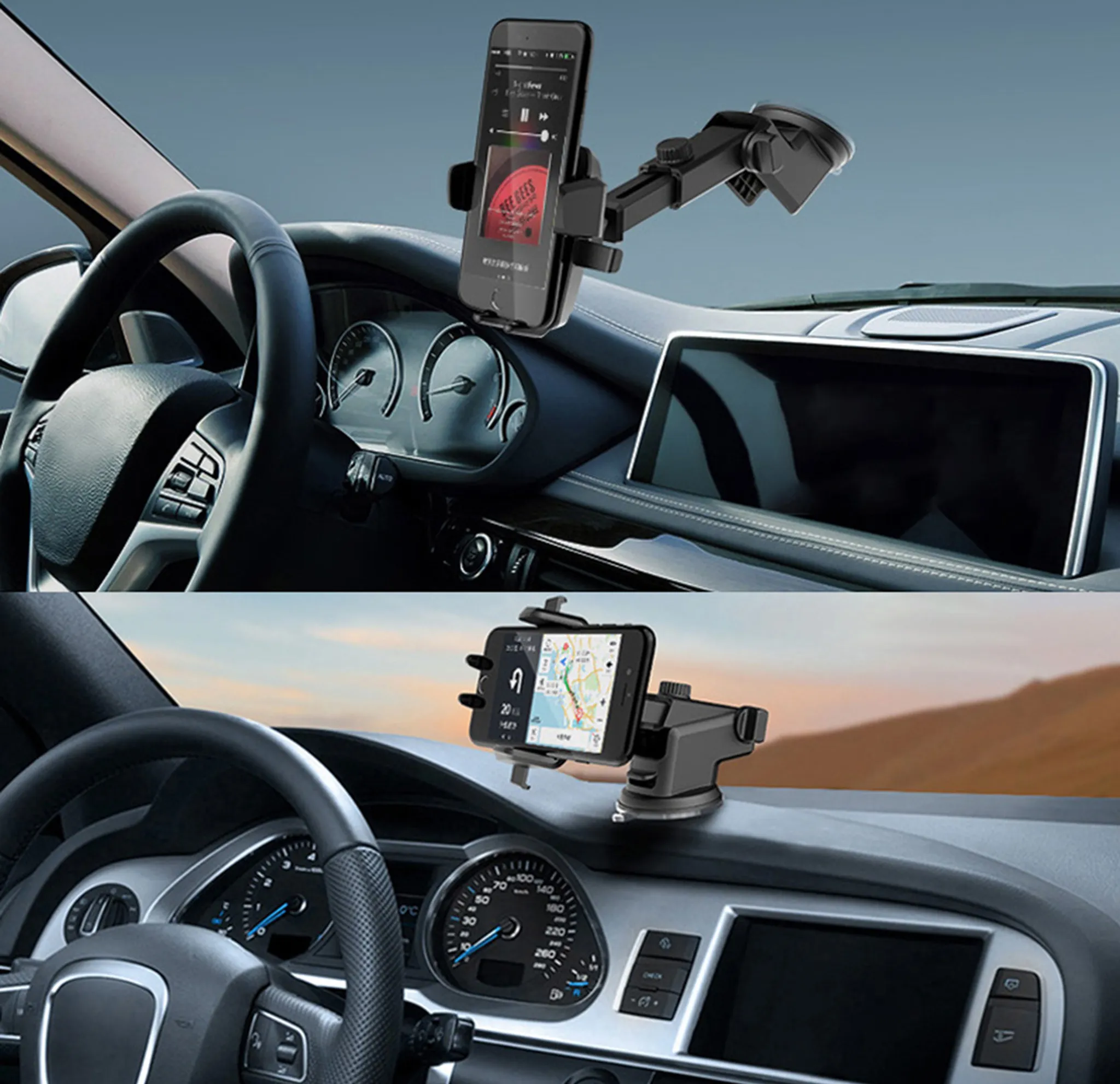 Bild zeigt zwei Autointerieurs mit auf Armaturenbrettern befestigten Telefonen, die Navigation und Medien anzeigen.