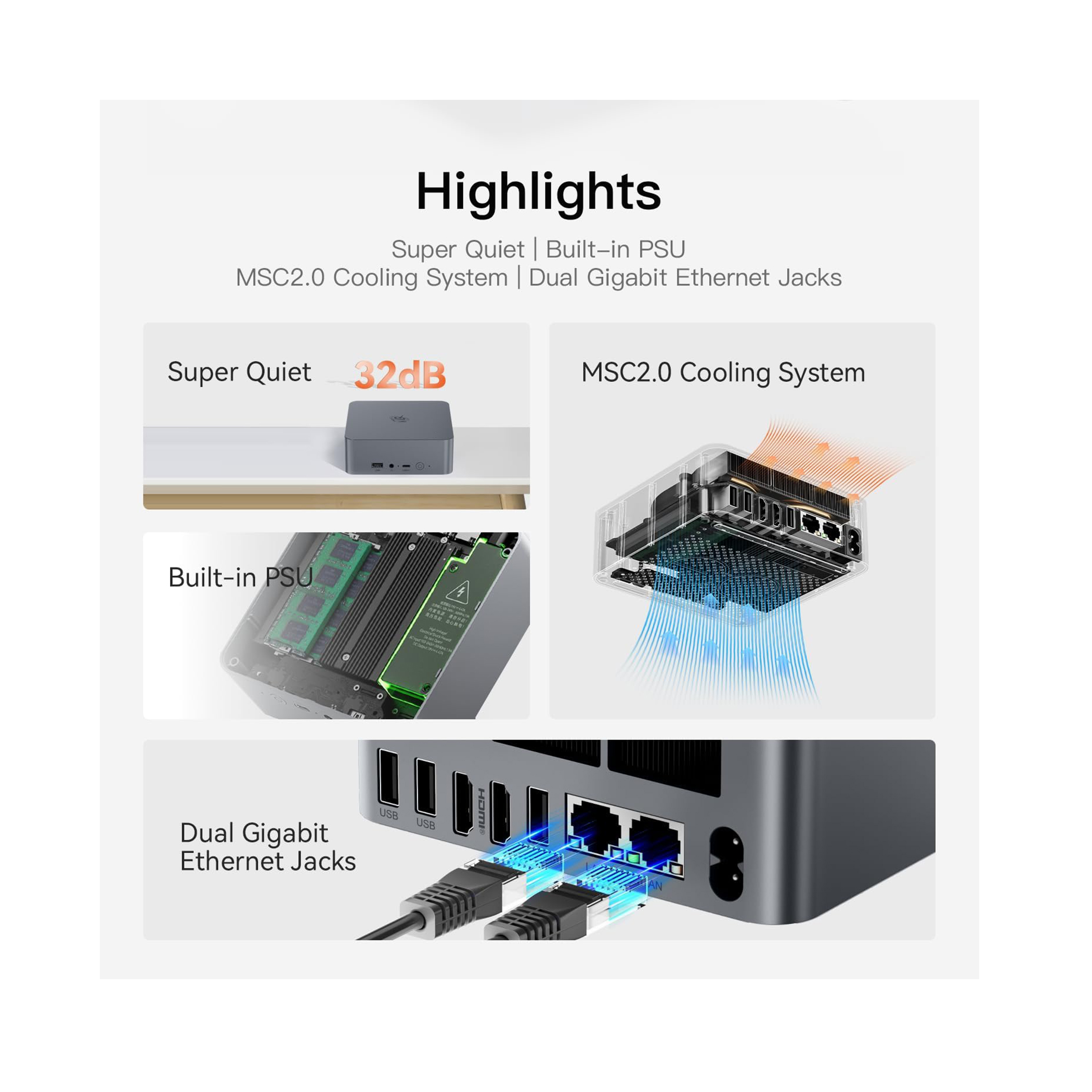 Mały serwer z najważniejszymi cechami: cicha praca, wbudowany zasilacz, system chłodzenia i porty Ethernet.