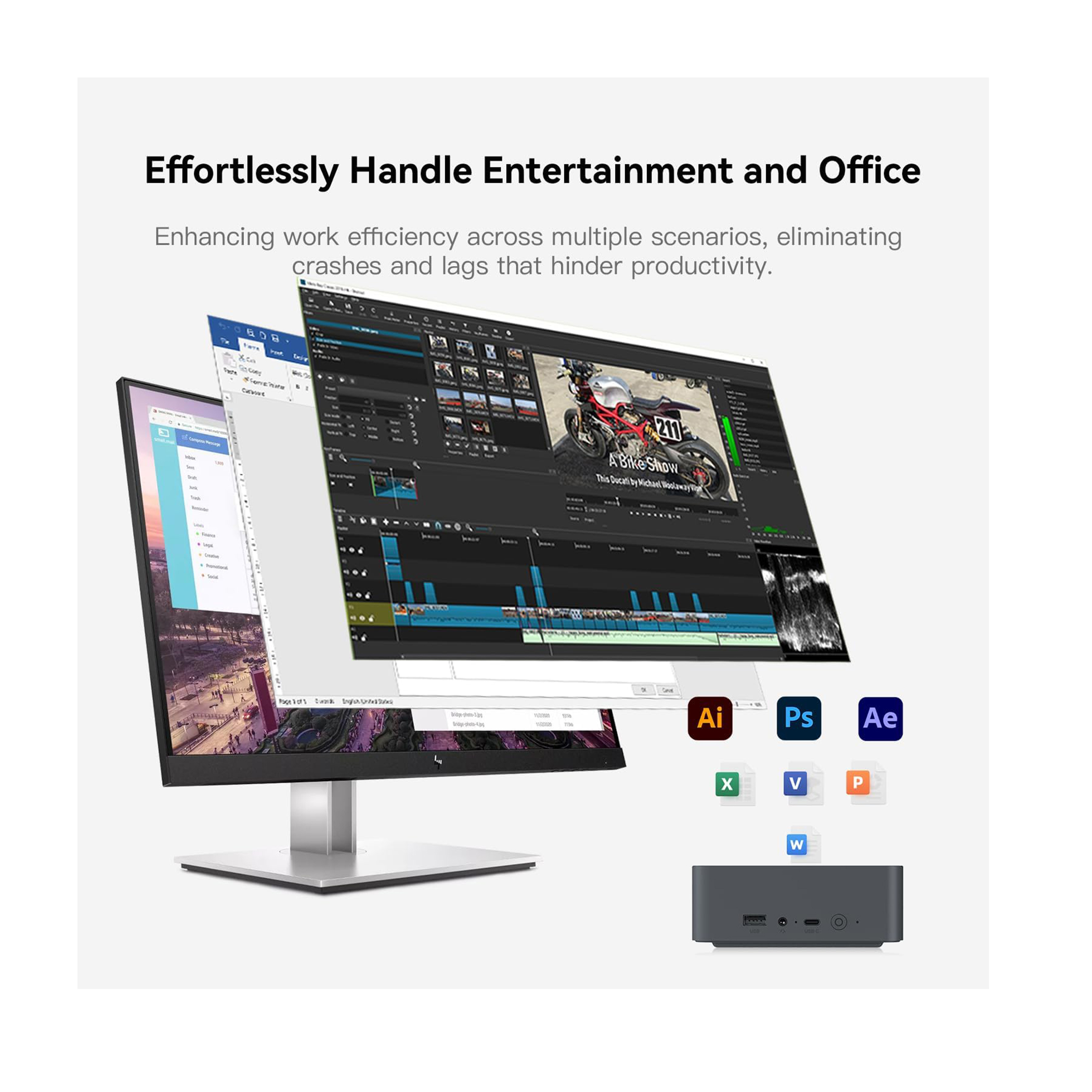 Konfiguracja komputera z wieloma ekranami, ikonami oprogramowania i małym czarnym urządzeniem.