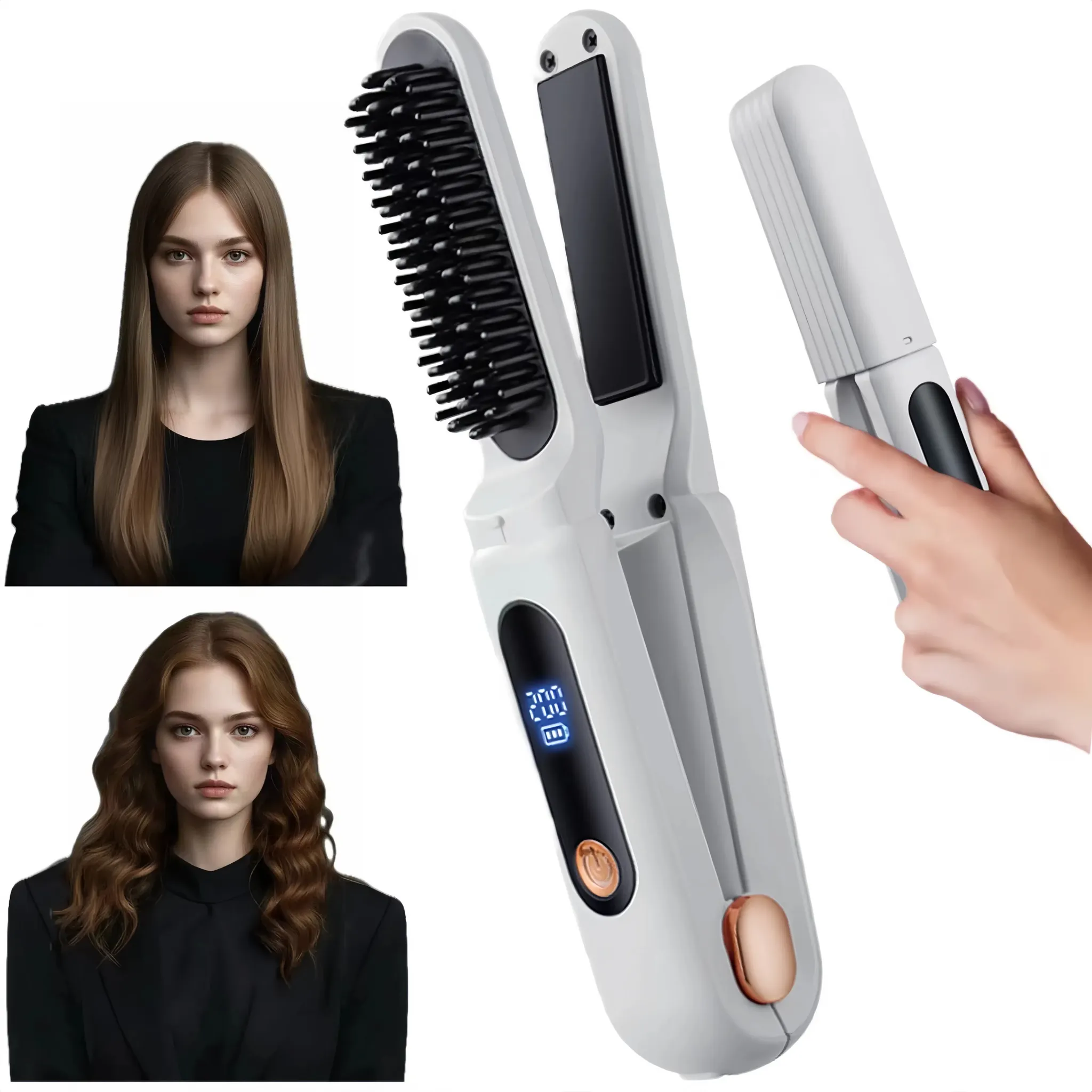Das Bild zeigt eine Haarglättungsbürste mit zwei Frisuren von Frauen. Eine wellig, die andere glatt.