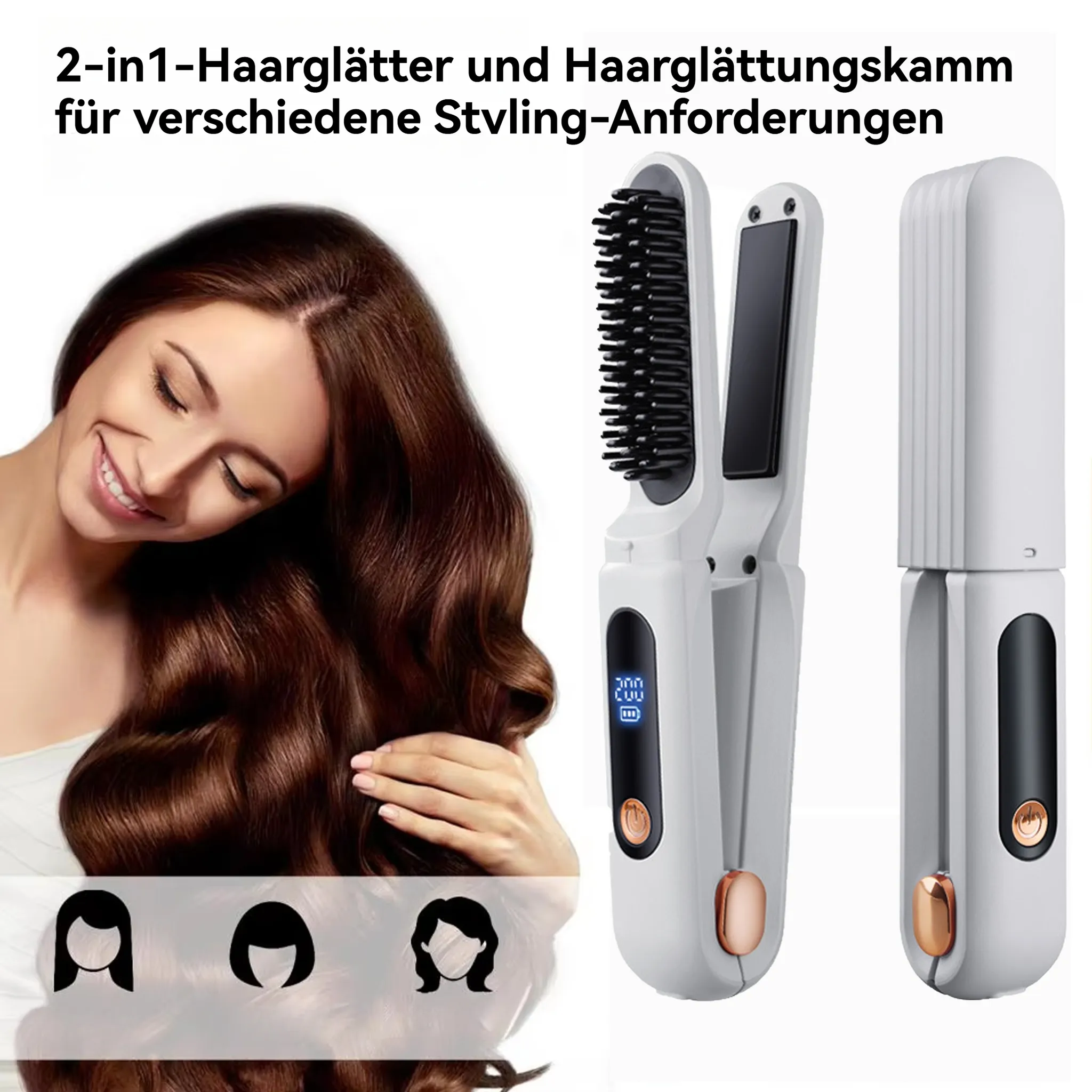 Eine Frau benutzt einen Haarglätter mit Styling-Diagrammen. Der Glätter und die Haare sind hellgrau und braun.