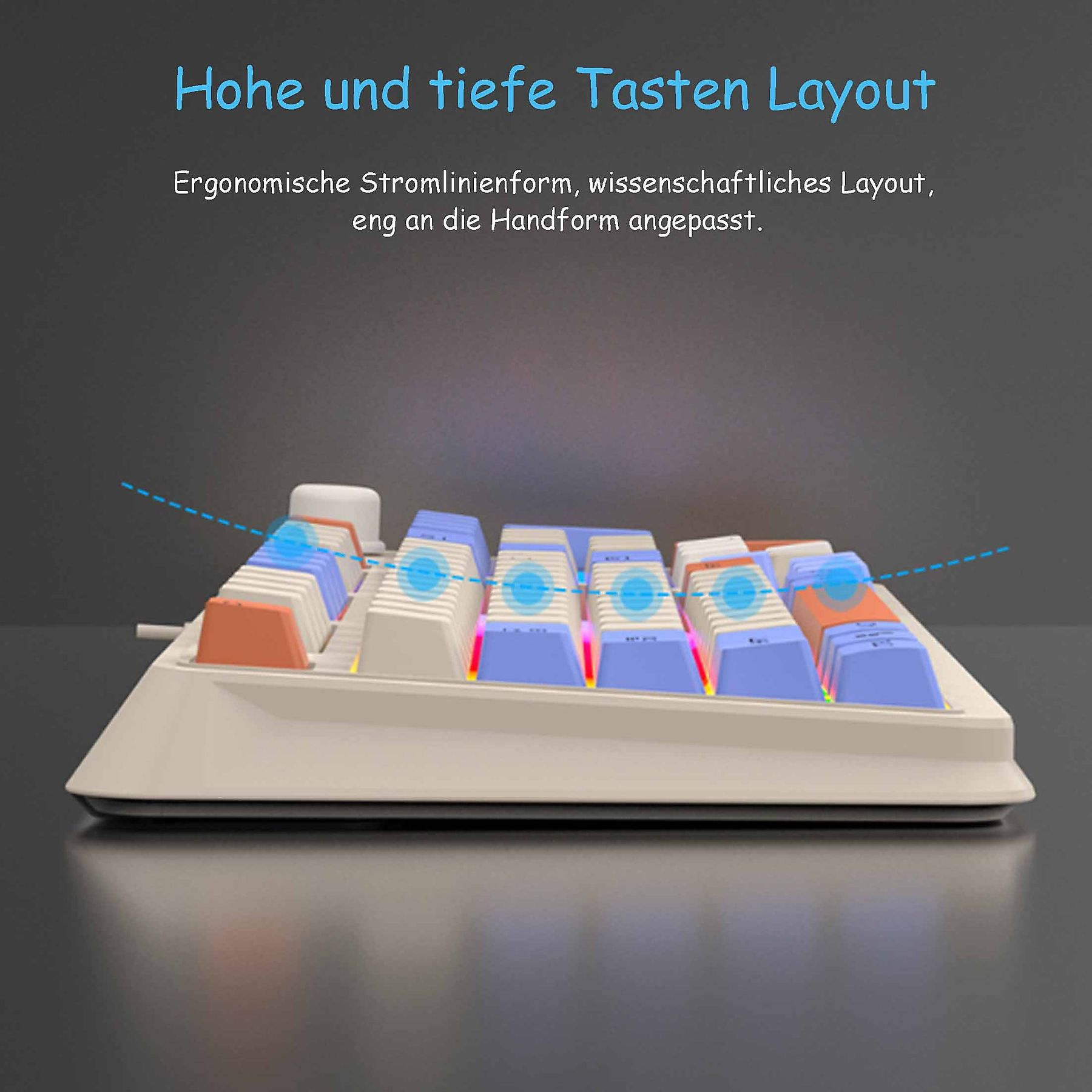 Tastatur mit blauen und orangefarbenen Tasten. Text: Hohes und tiefes Tastenlayout. Ergonomisches Design.