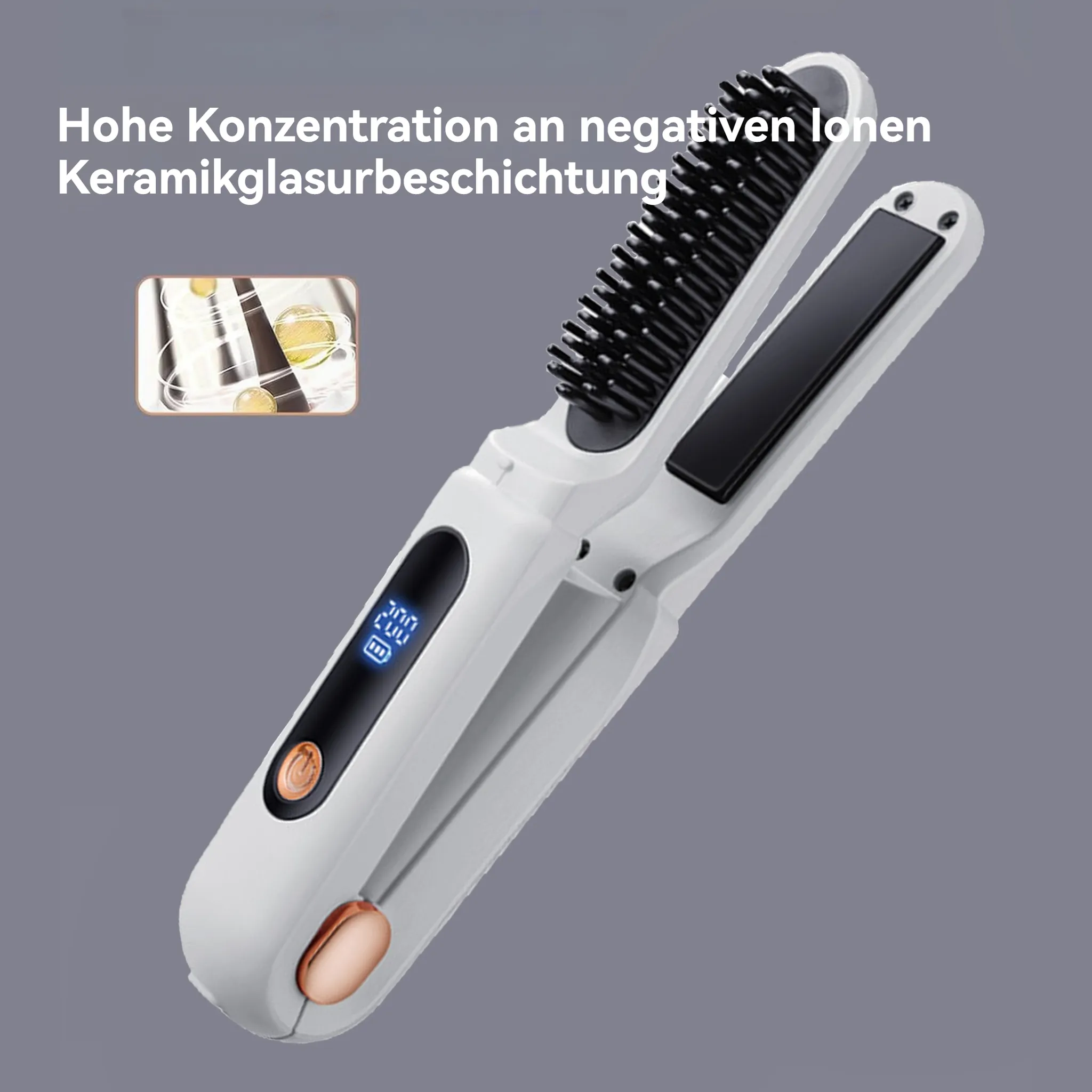 Haarglätter mit Keramikbeschichtung. Text: Hohe Konzentration an negativen Ionen.