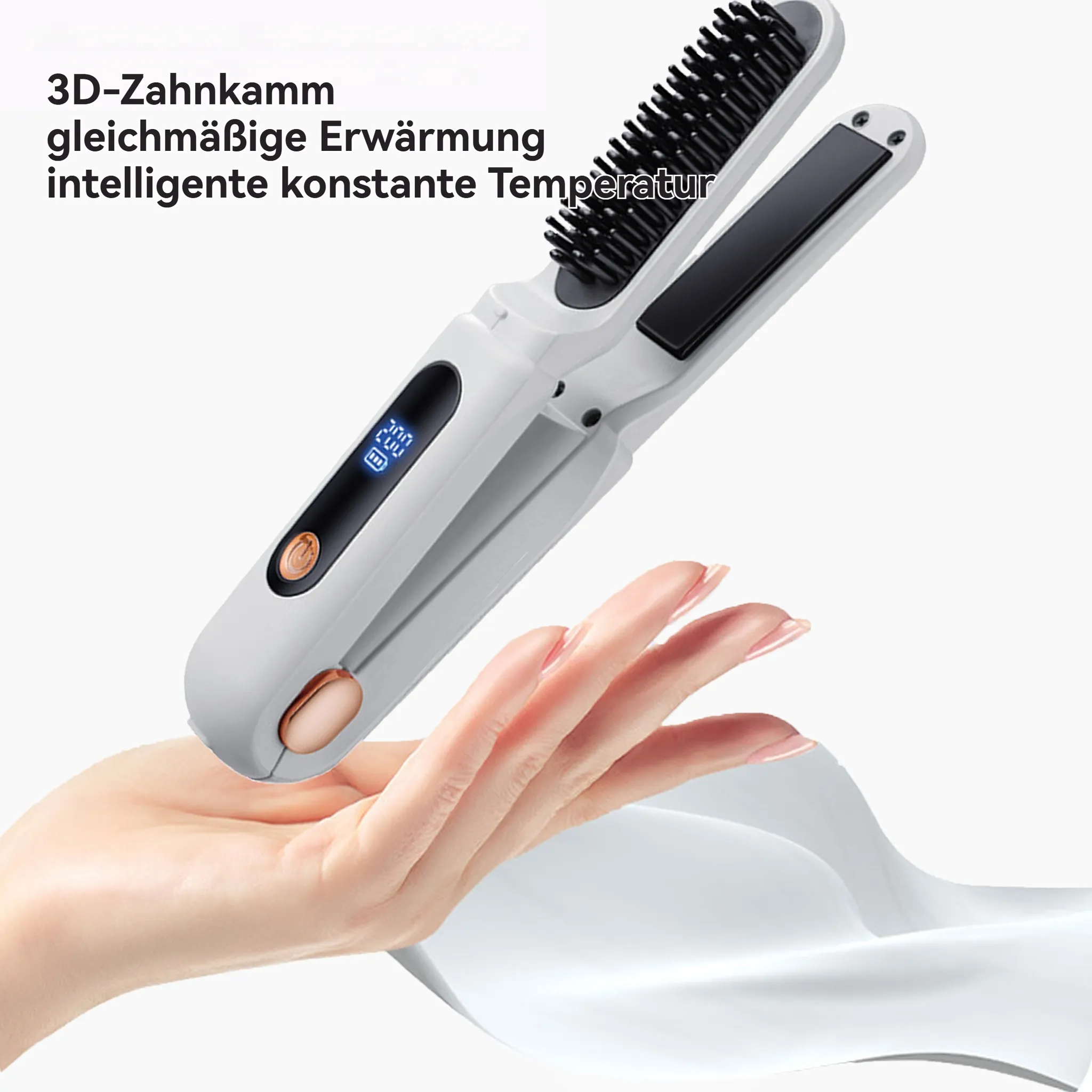 Haarglätter in der Hand gehalten. Text: 3D-Zahnkamm. Intelligente konstante Temperatur.