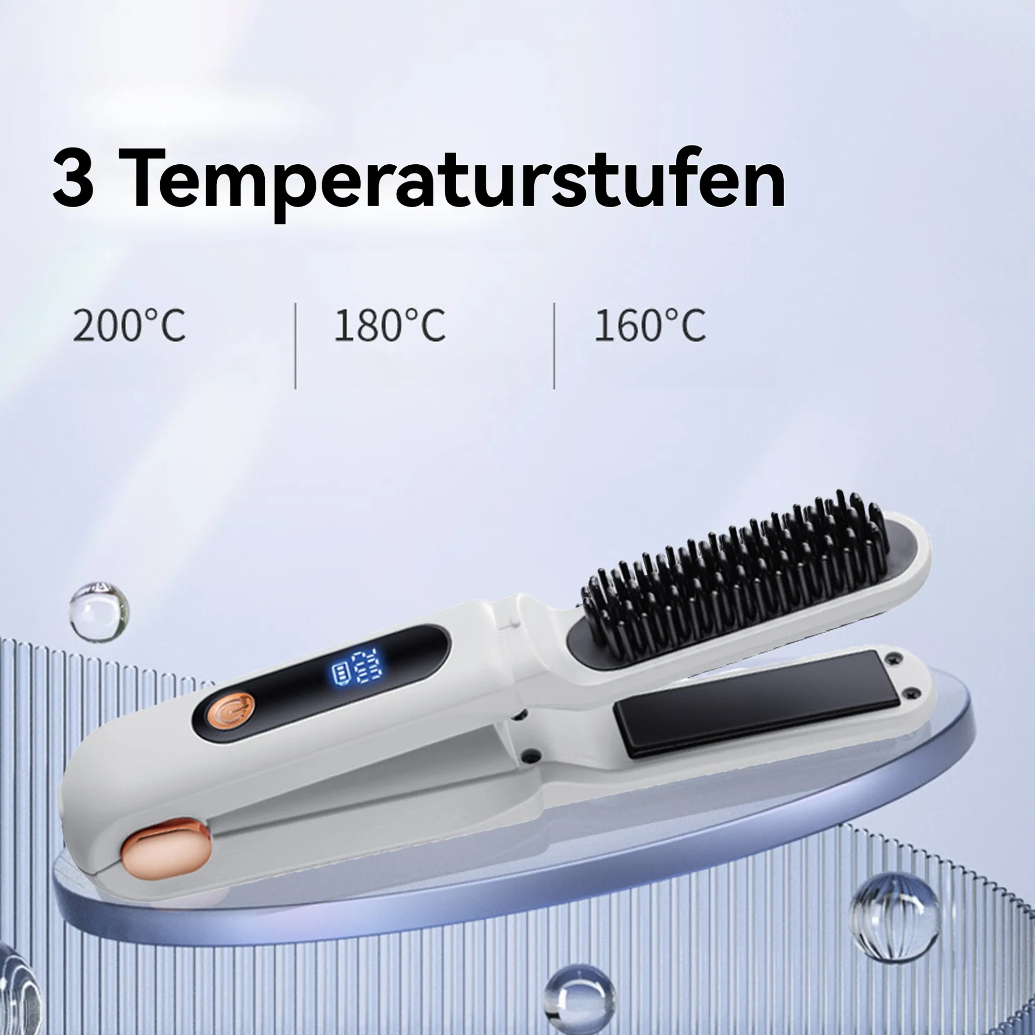 Eine weiße Haarglättungsbürste mit drei angezeigten Temperatureinstellungen.