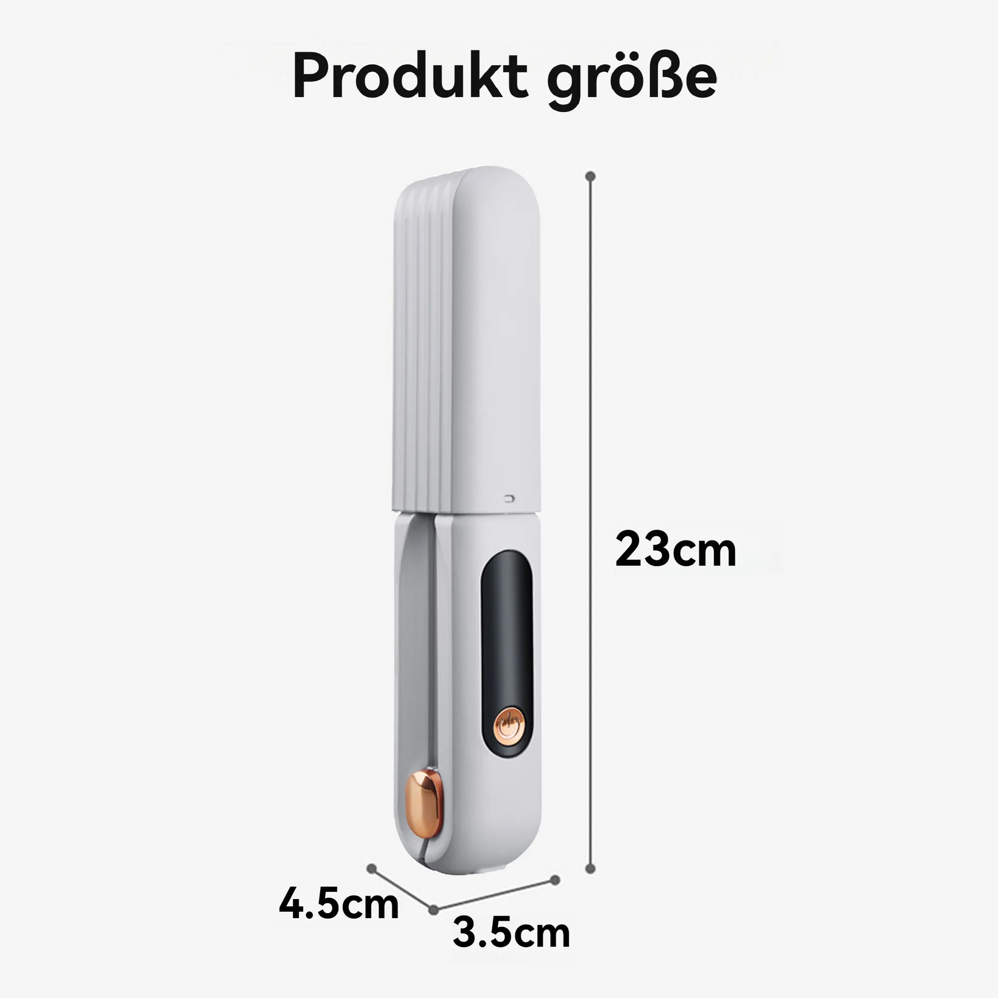 Weißes und graues Haarstyling-Werkzeug, rechteckige Form, mit beschrifteten Abmessungen. Text: Produktgröße.