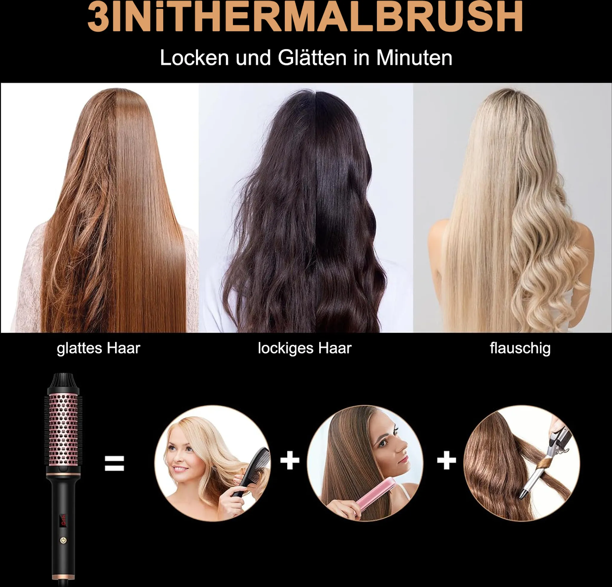 Ein Bild zeigt drei Frisuren mit einer 3-in-1-Thermobürste. Die Bürste und die Stile werden beschrieben.