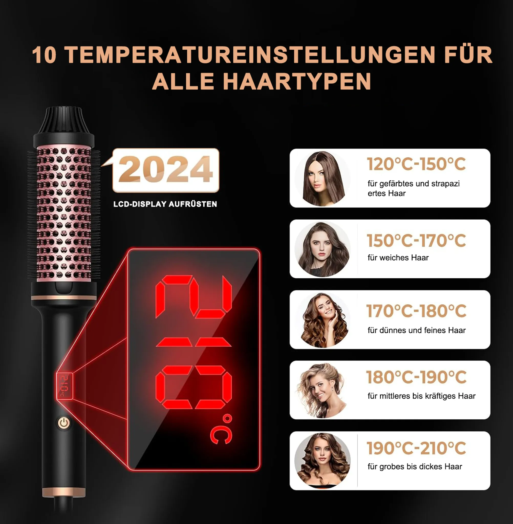 Haarstyling-Gerät mit Temperatureinstellungen. Anzeige zeigt 23°C, mit verschiedenen Haartypen und Hitzestufen.