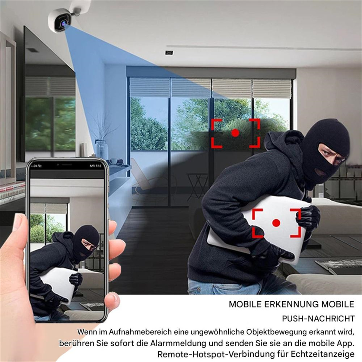 Die Hand einer Person, die ein Telefon hält, das eine maskierte Person in einem Haus zeigt. Eine Überwachungskamera ist sichtbar.