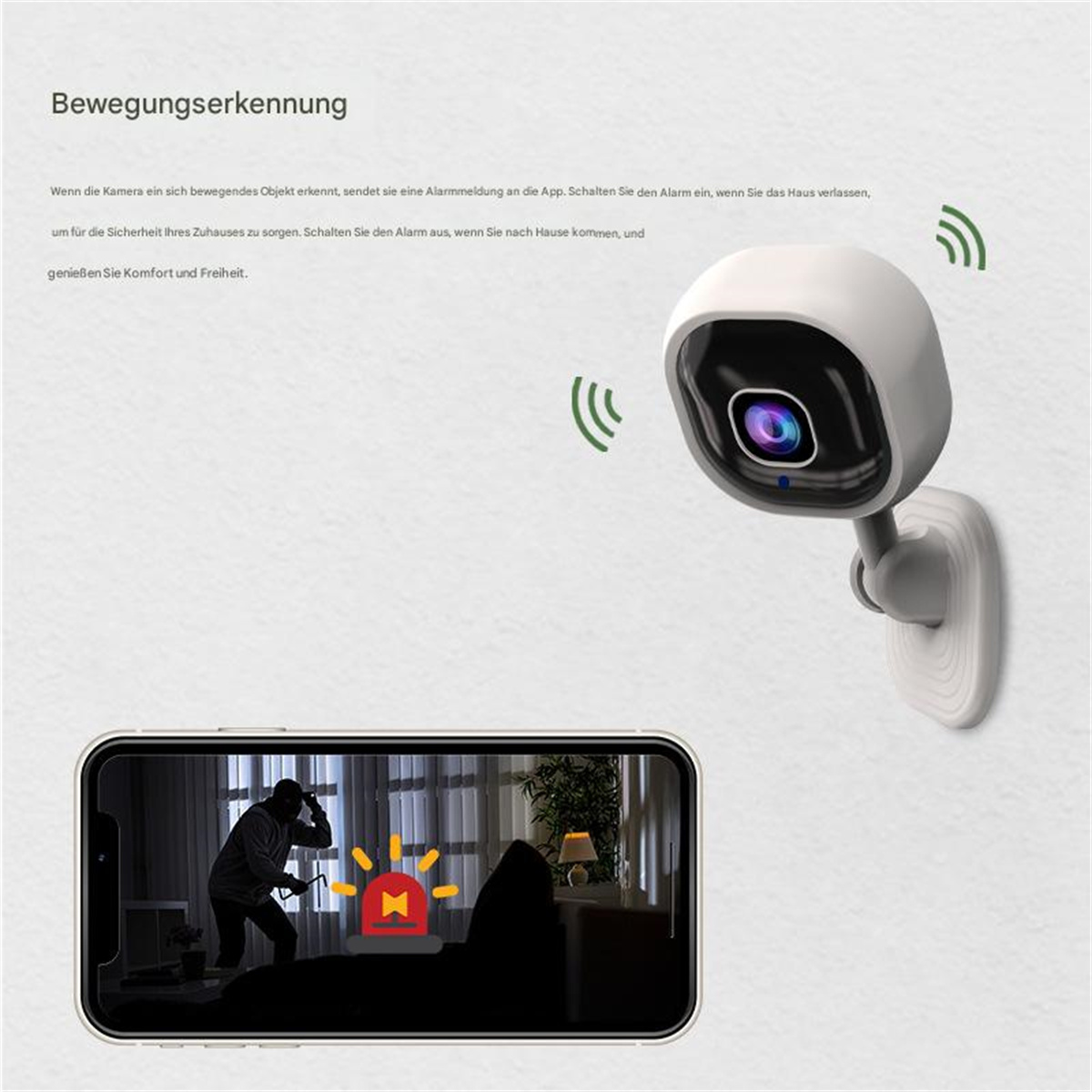 Eine weiße Überwachungskamera an einer Wand, mit einem Smartphone, das einen Einbrecher zeigt, und WLAN-Symbolen.
