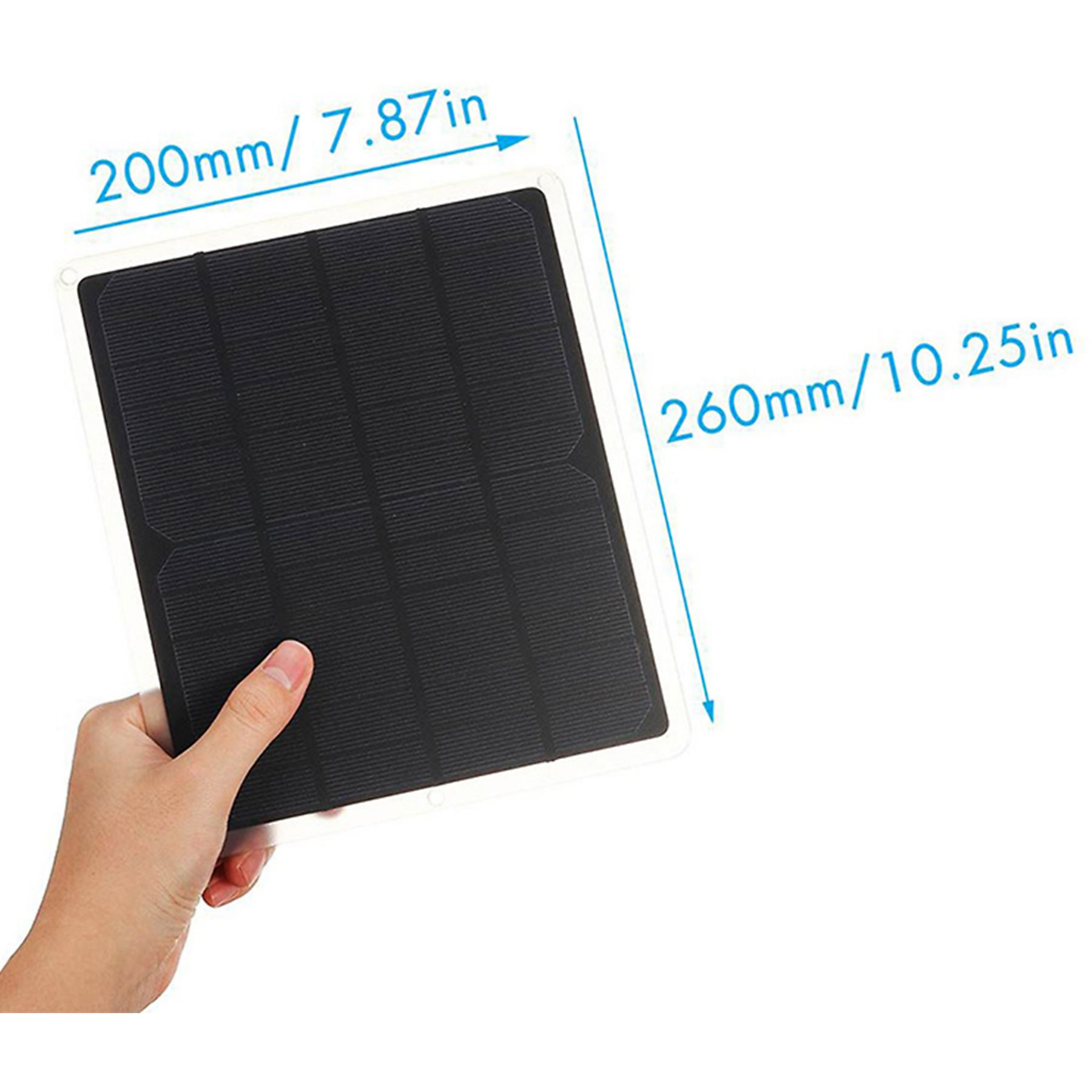 Eine Hand, die ein schwarzes Solarpanel hält, mit in Zoll und Millimetern angezeigten Maßen.