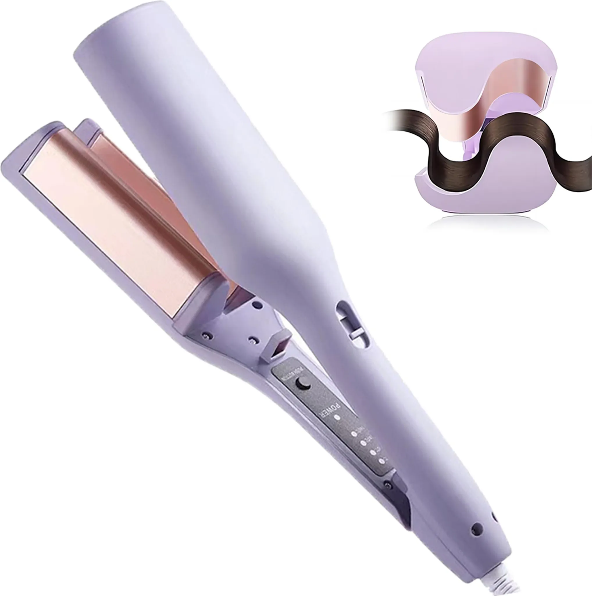 Ein lila Haarglätter mit roségoldener Heizplatte, Haarprobe und Leistungsanzeige.