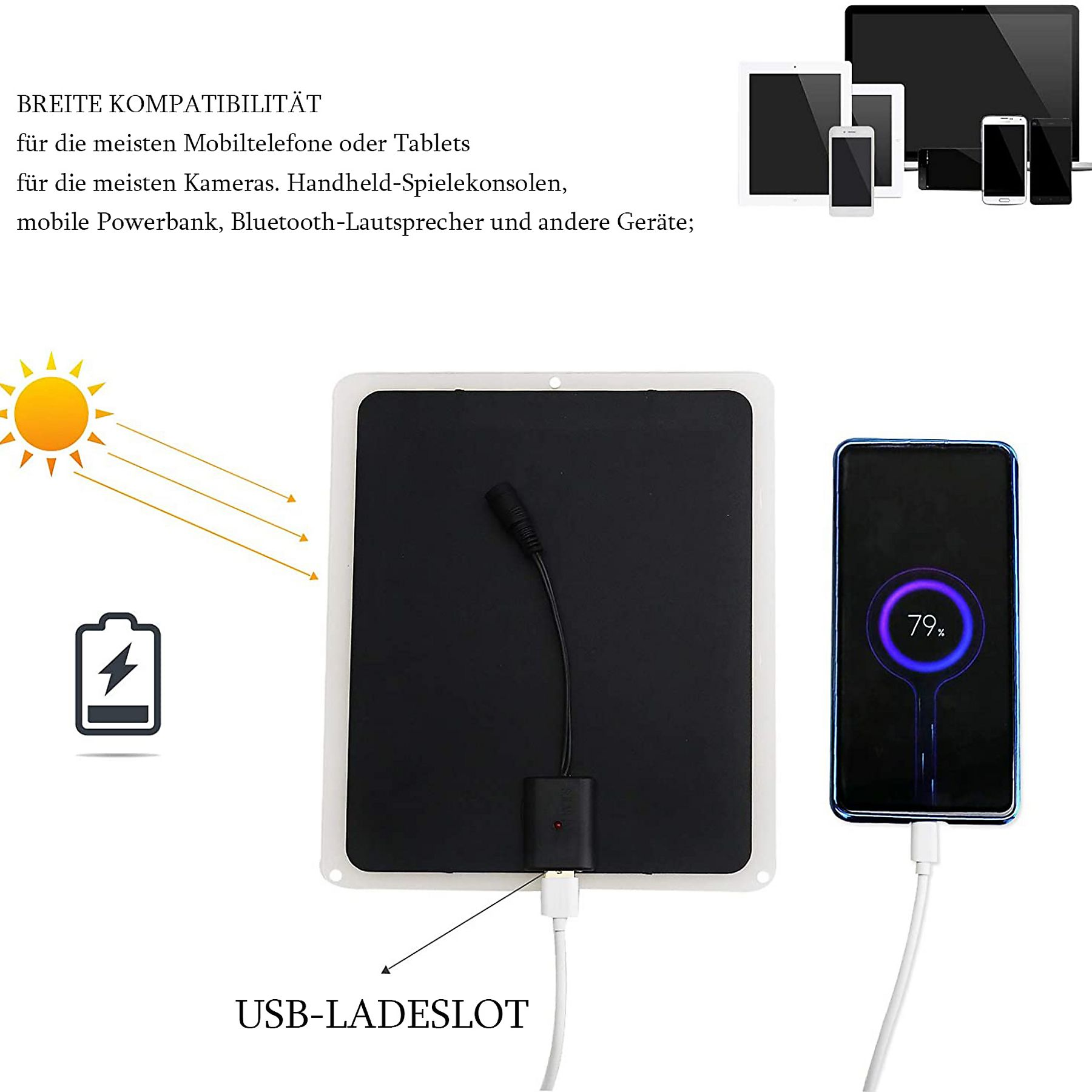 Ein schwarzes Ladepanel mit einem ladenden Telefon und einem Sonnensymbol. Der Text lautet 'USB-LADESLOT'.