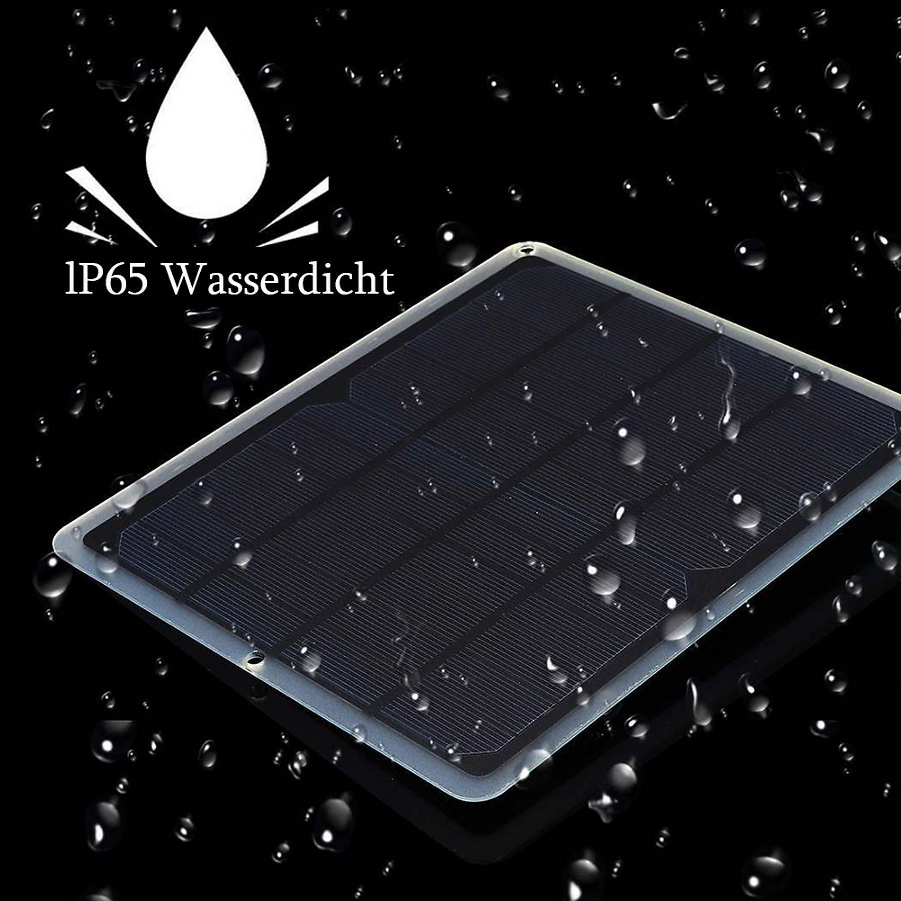 Schwarzes Solarpanel mit weißem Rahmen, Wassertropfen und Text 'IP65 Wasserdicht'.