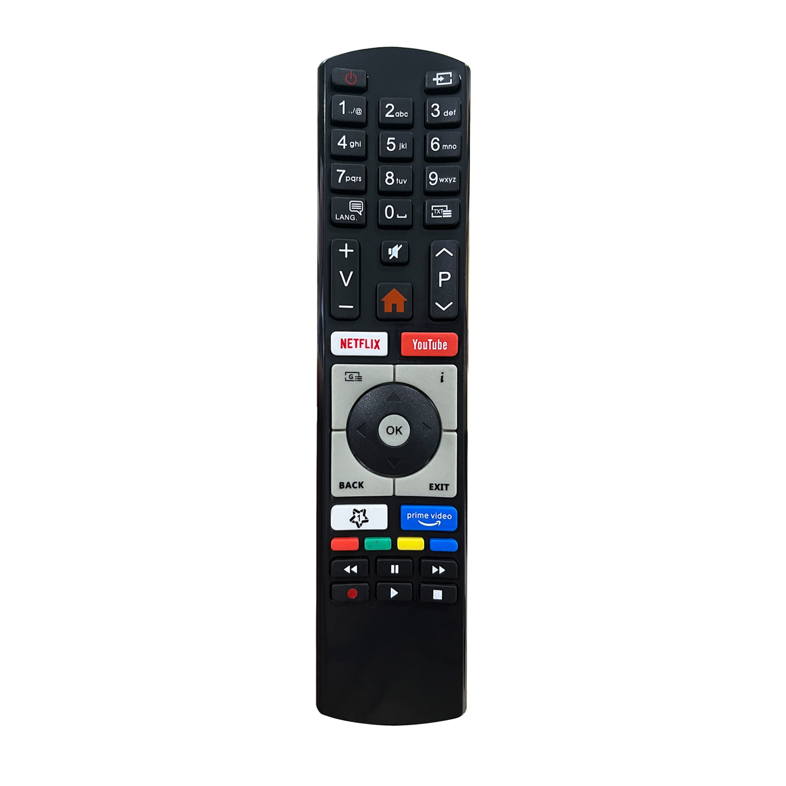 Schwarze TV-Fernbedienung mit vielen Tasten, einschließlich Netflix und YouTube. Isoliert.
