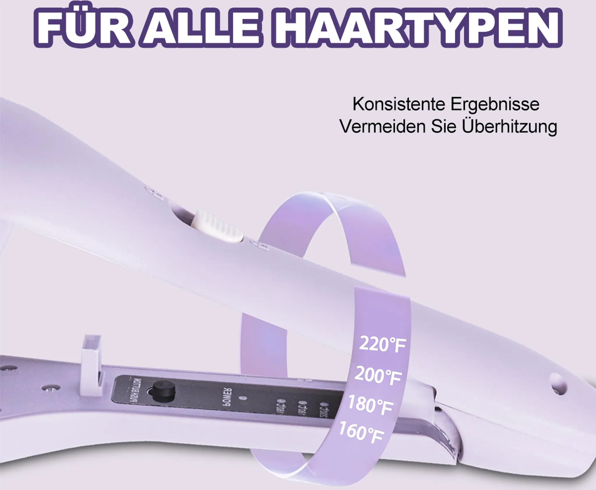 Nahaufnahme eines Haarglätters mit Temperatureinstellungen und dem Text 'Für alle Haartypen'.
