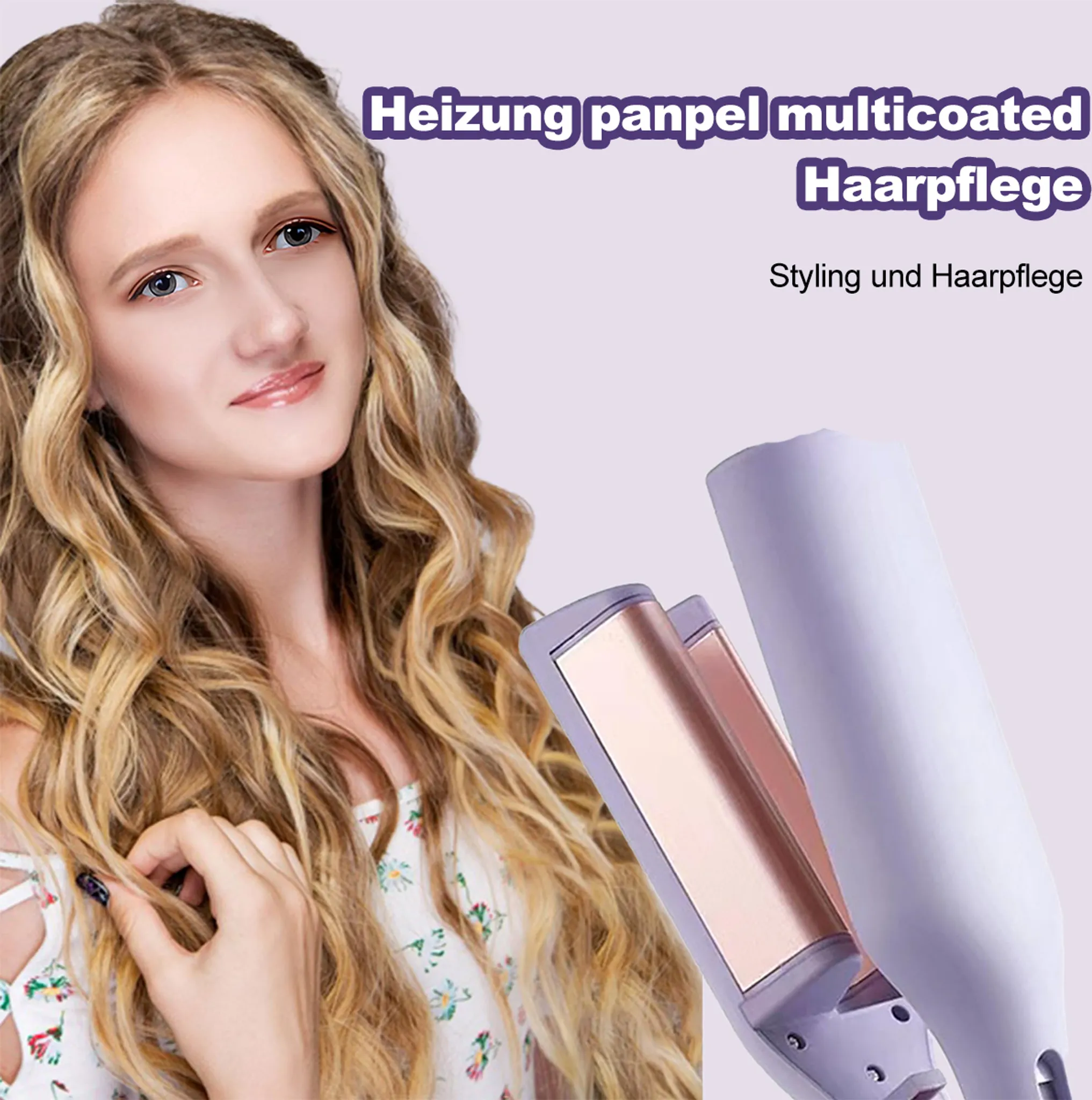 Eine Frau stylt ihr welliges Haar mit einem lila-goldenen Haarglätter.