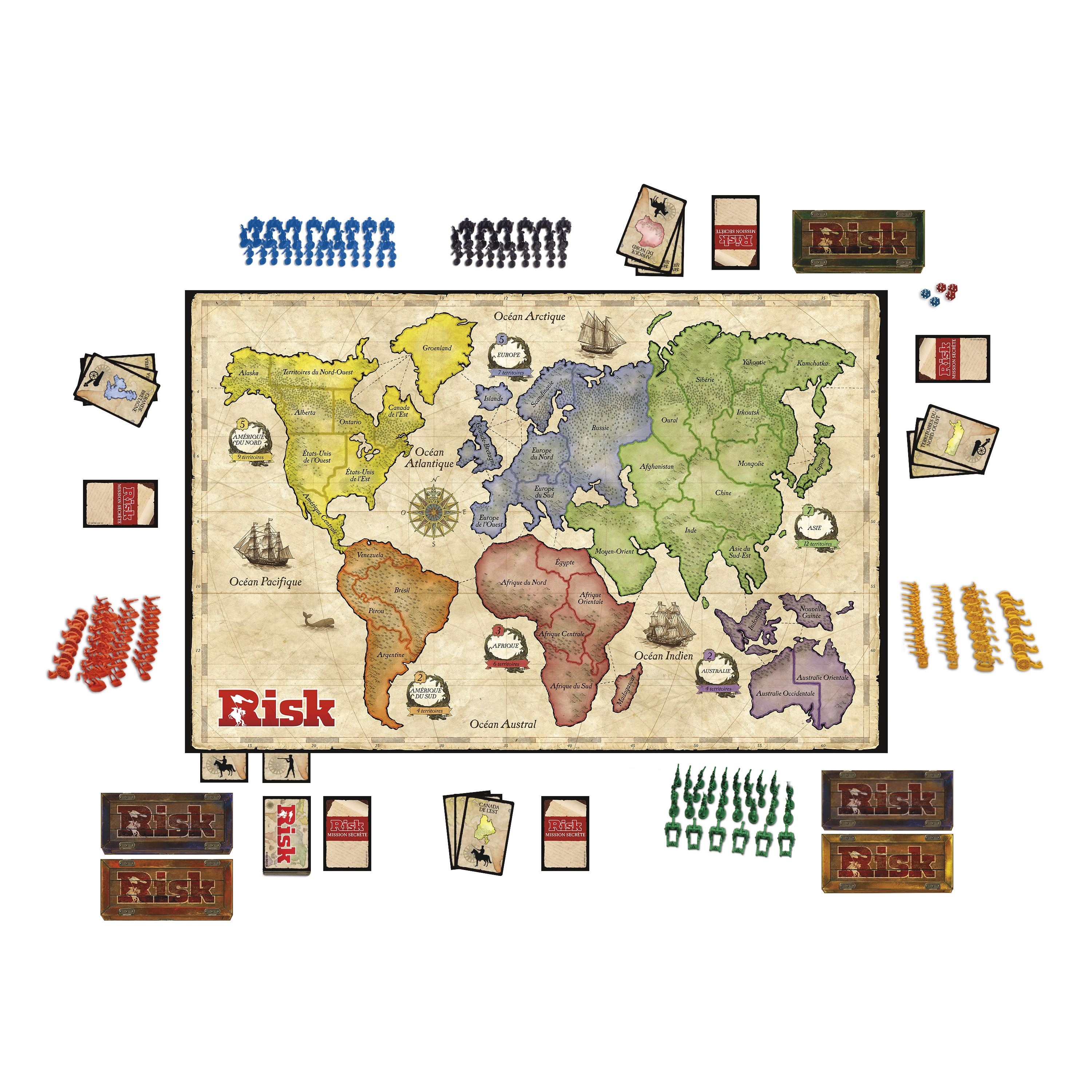 Gioco da tavolo Risk con pedine, carte e mappa del mondo.