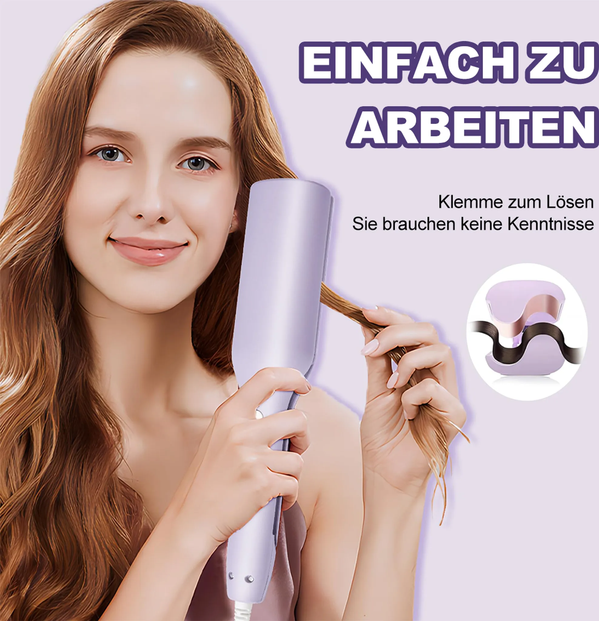 Frau benutzt einen Haarglätter. Text: Einfach zu bedienen. Keine Kenntnisse erforderlich.
