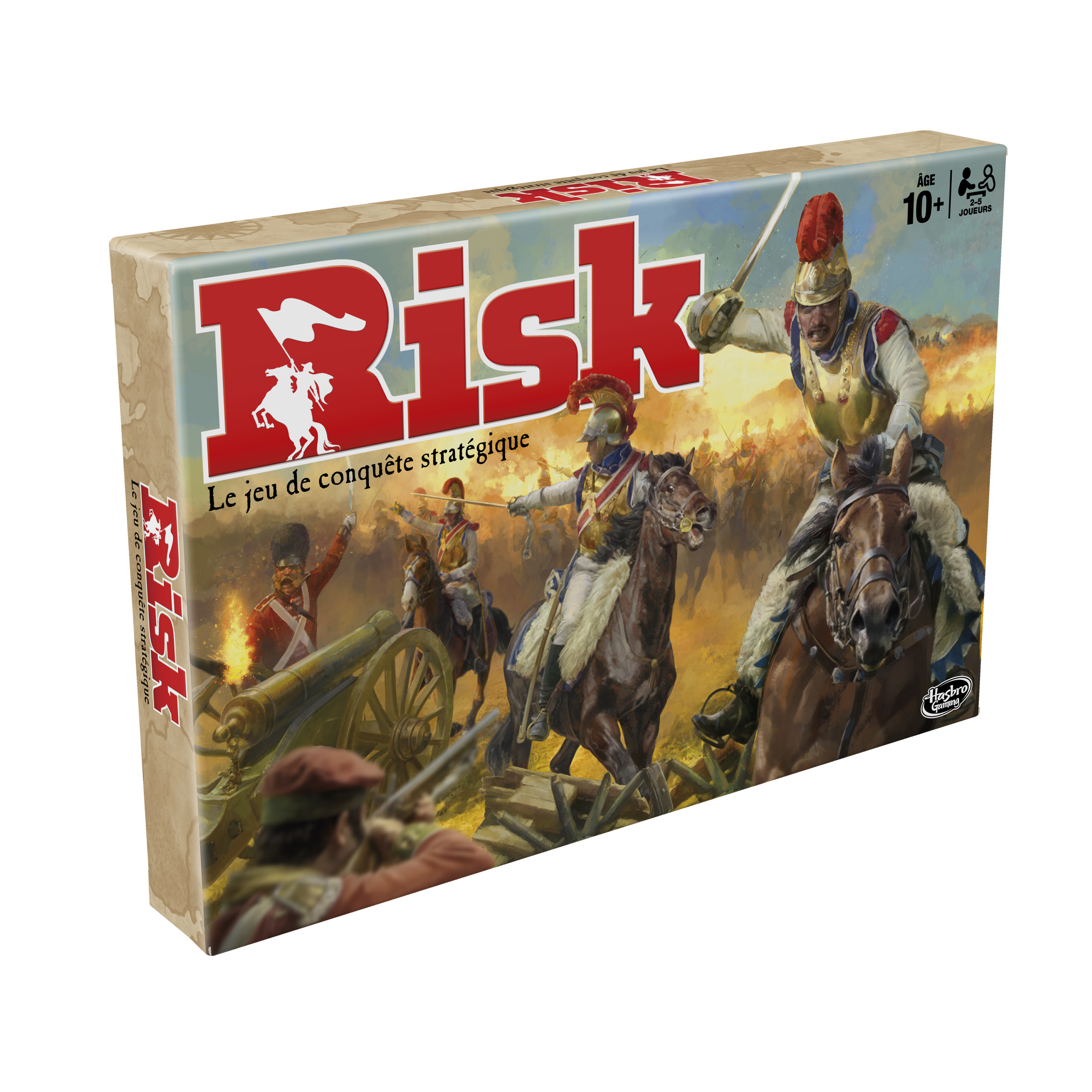 Scatola del gioco da tavolo Risk. Soldati a cavallo e cannoni sono mostrati sulla scatola. Testo: Risk, età 10+.