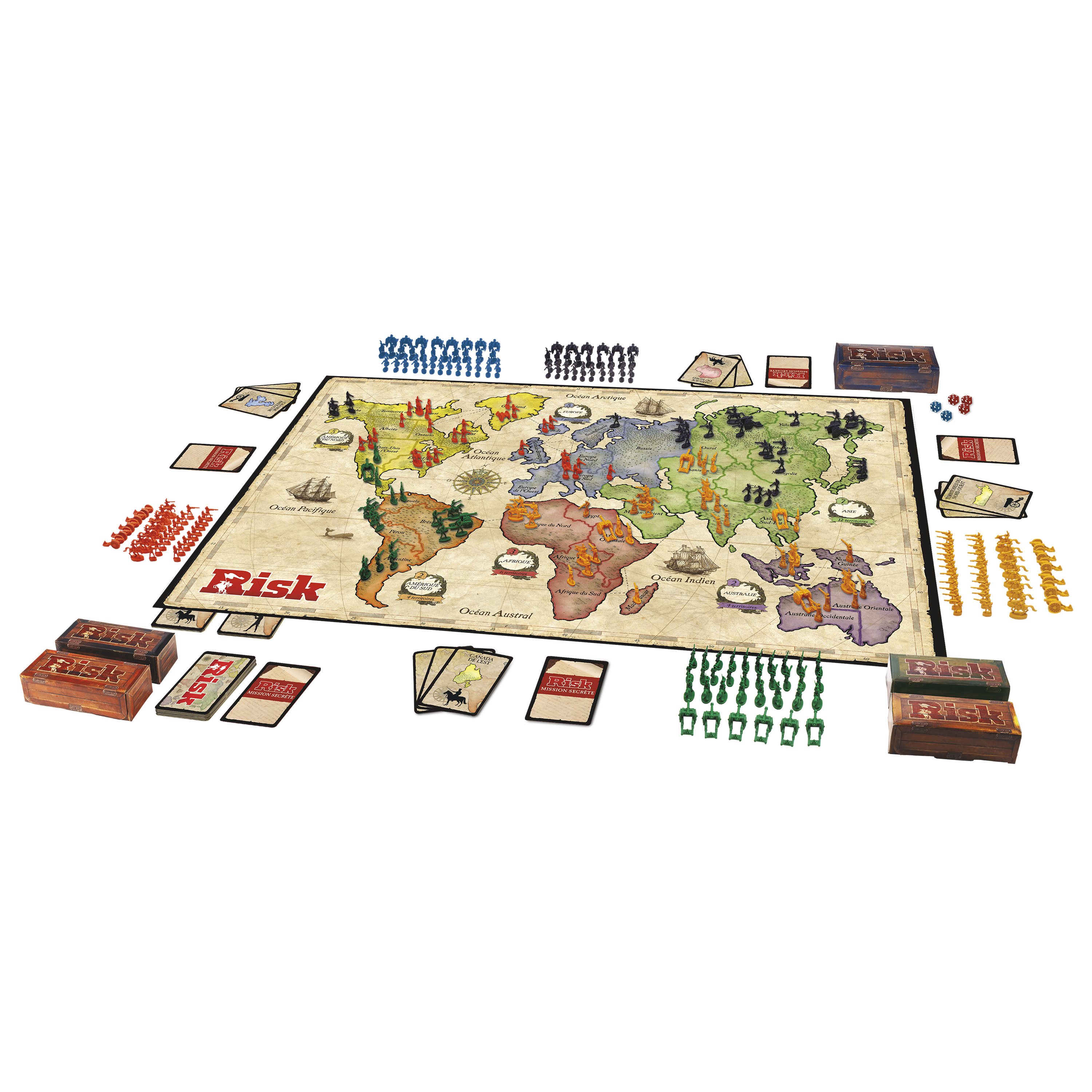 Gioco da tavolo Risk con pedine, carte e mappa del mondo.