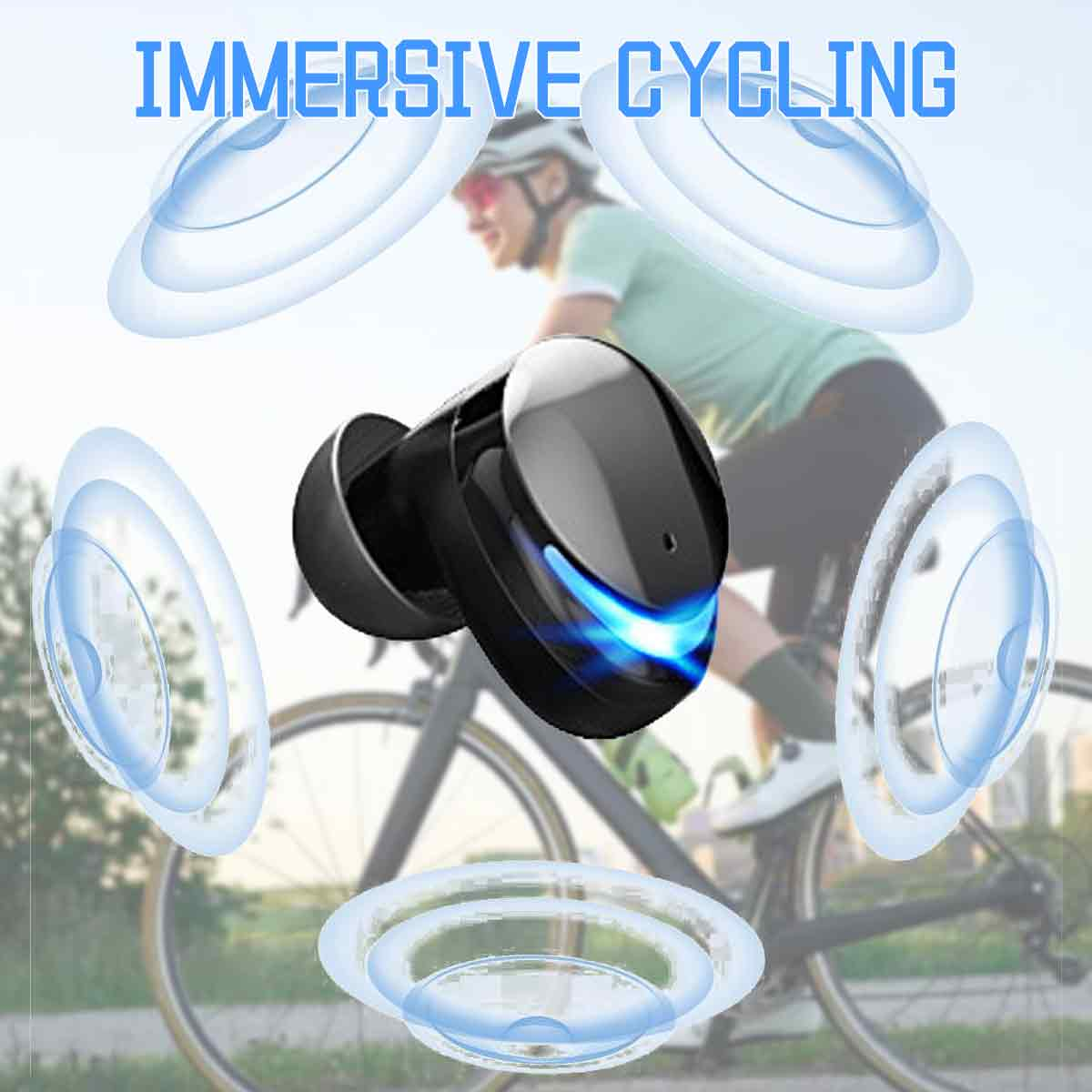 Ohrhörer im Ohr eines Radfahrers, mit Schallwellengrafik, Text: Immersive Cycling.