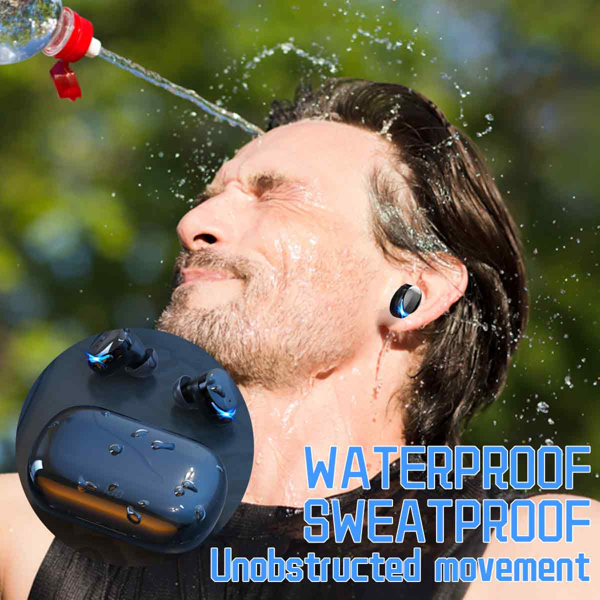 Ein Mann, der mit Wasser besprüht wird und wasserdichte, schweißfeste Ohrhörer trägt.