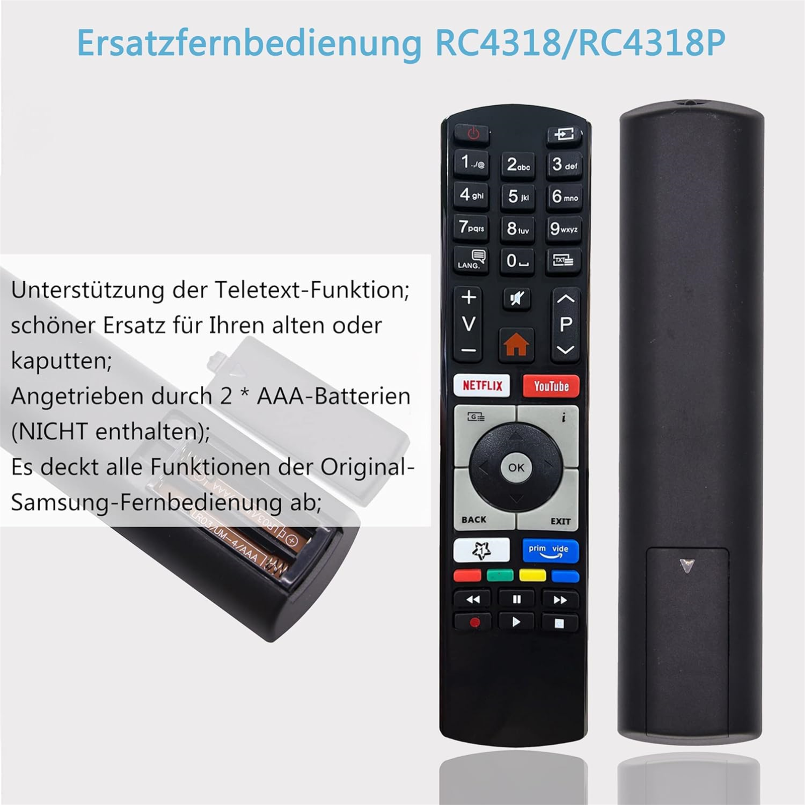 Zwei TV-Fernbedienungen: eine mit Tasten und die andere ohne, mit geöffnetem Batteriefach.