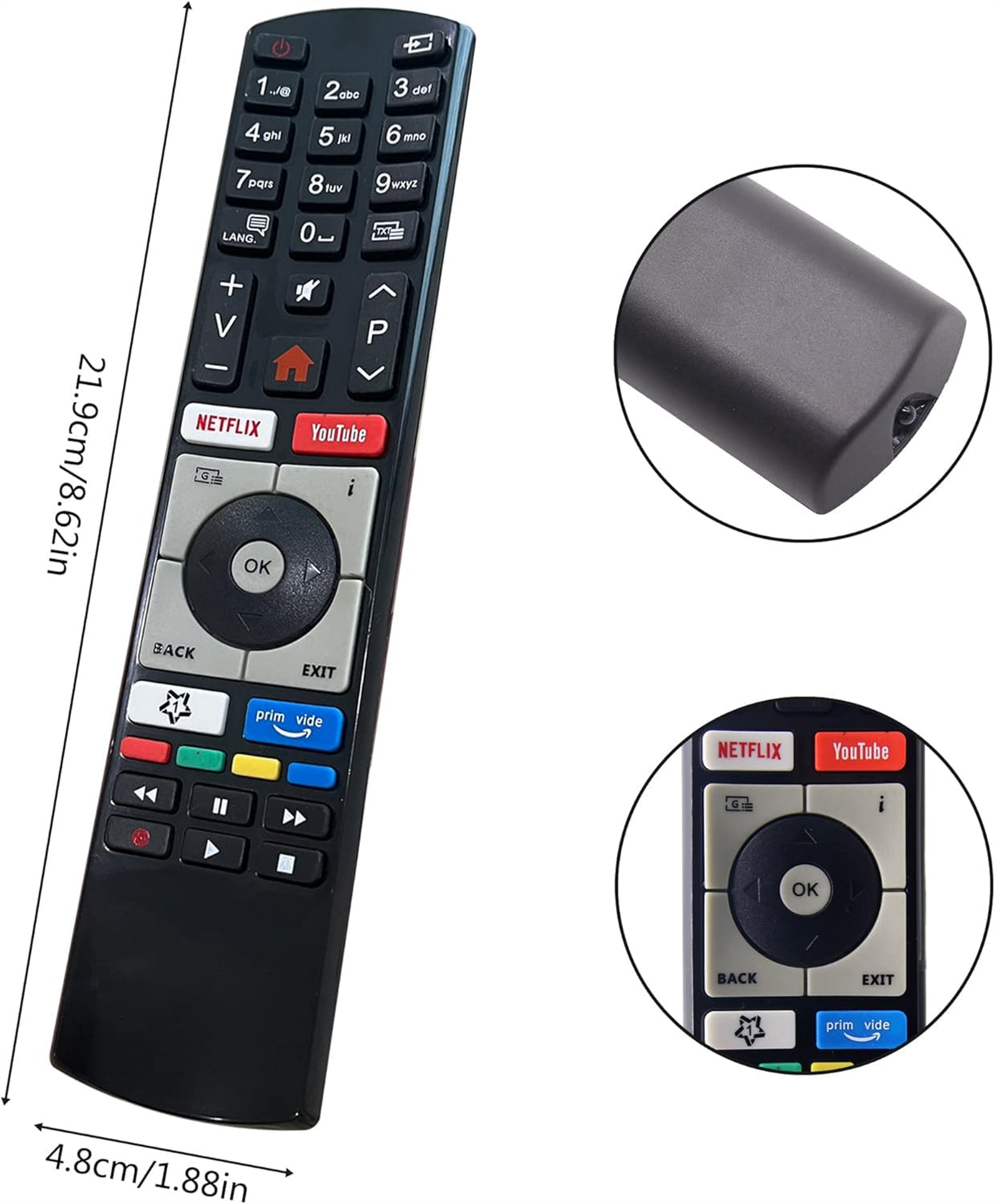 Schwarze Fernbedienung mit Tasten. Netflix- und Youtube-Tasten. Die Fernbedienung ist auf weißem Grund.