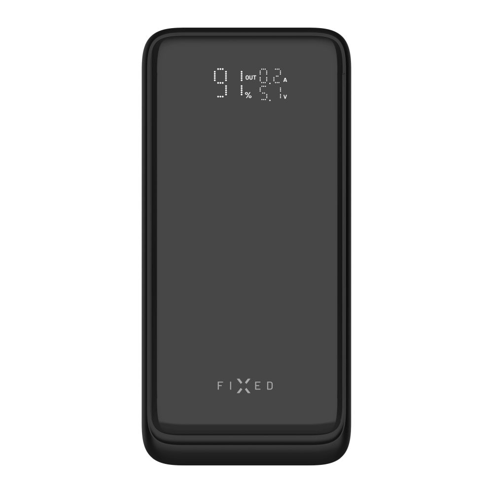 Schwarze Powerbank mit Anzeige, die Prozentsatz, Leistung und Spannung anzeigt.