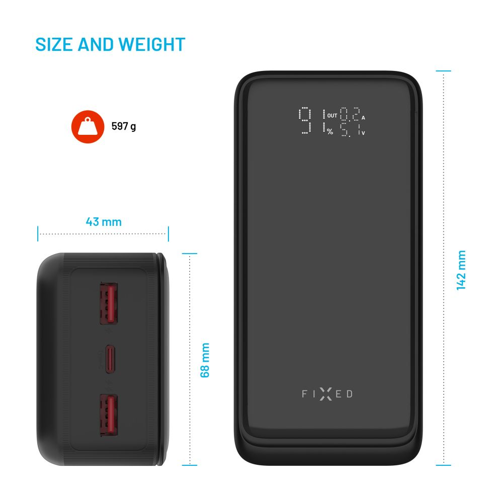 Schwarze Powerbank mit Abmessungen und Gewichtsangaben.