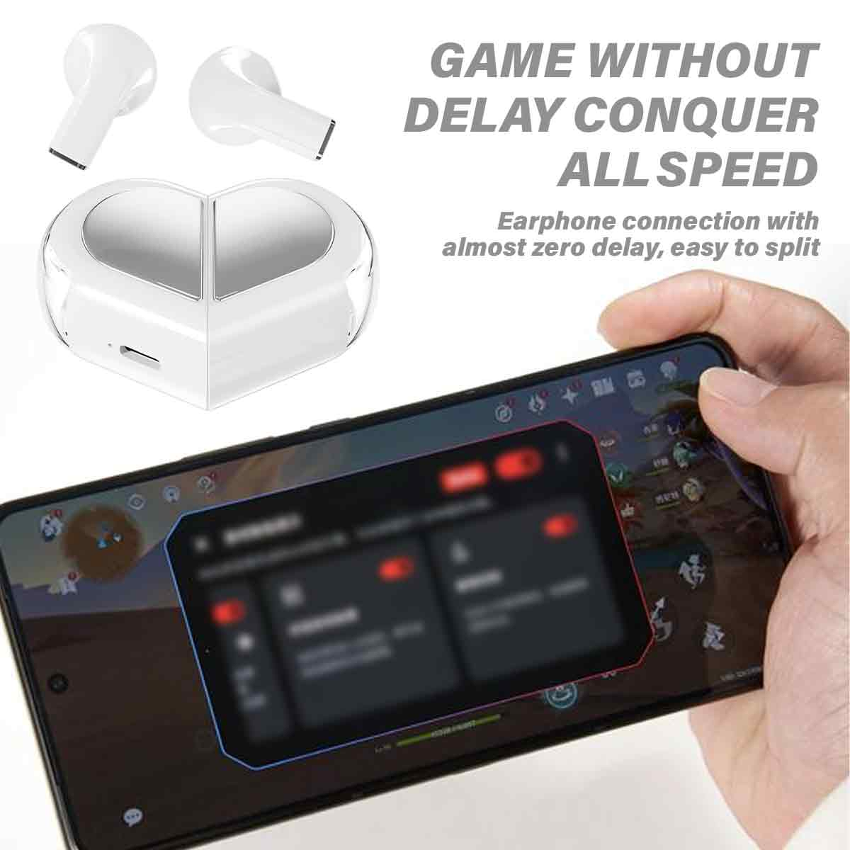 Eine Person, die ein Telefon mit einem Spielebildschirm hält. Zwei weiße Ohrhörer im Hintergrund.