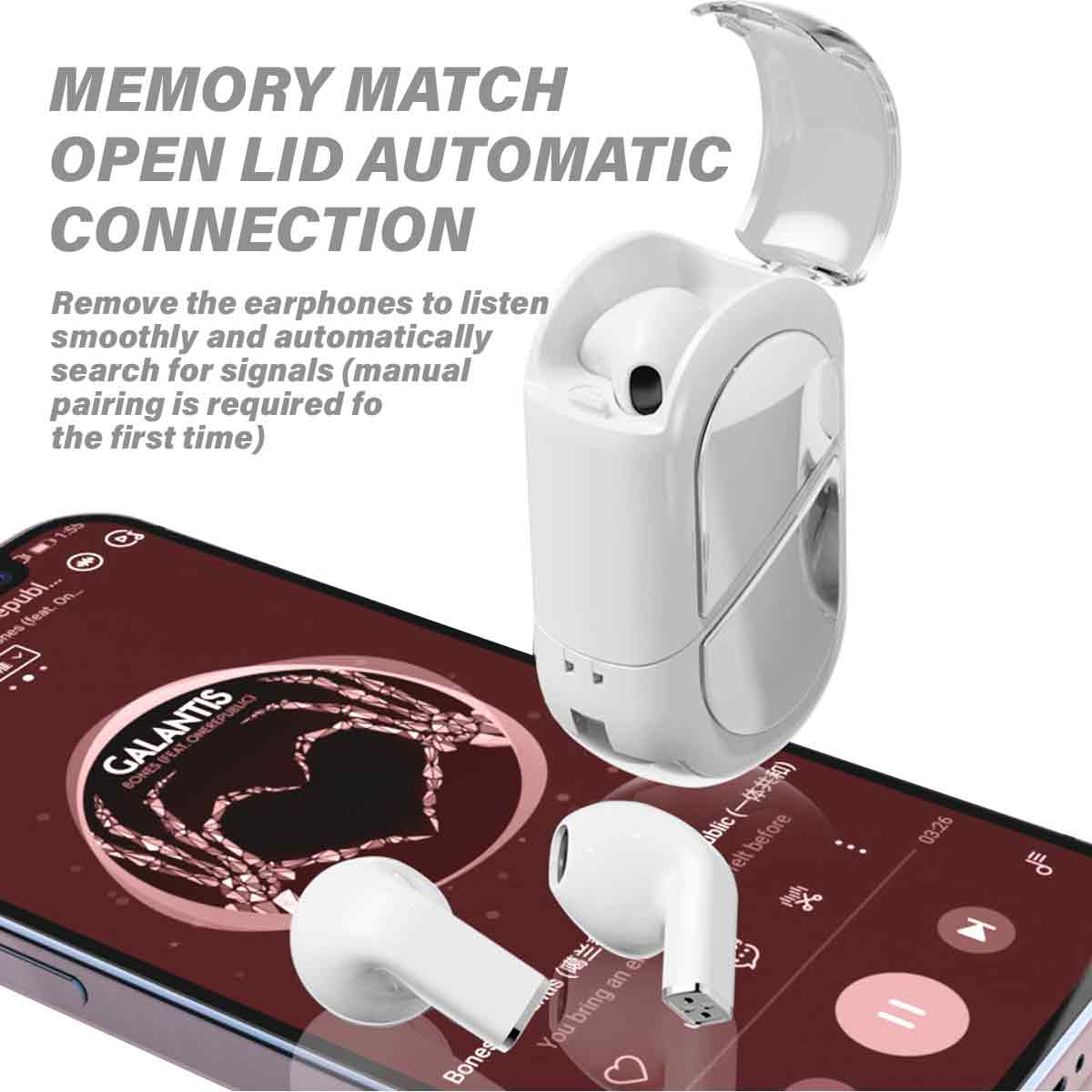 Weiße Ohrhörer in einem Ladecase, mit Musik anzeigendem Telefon. Text: Deckel öffnen, automatische Verbindung.