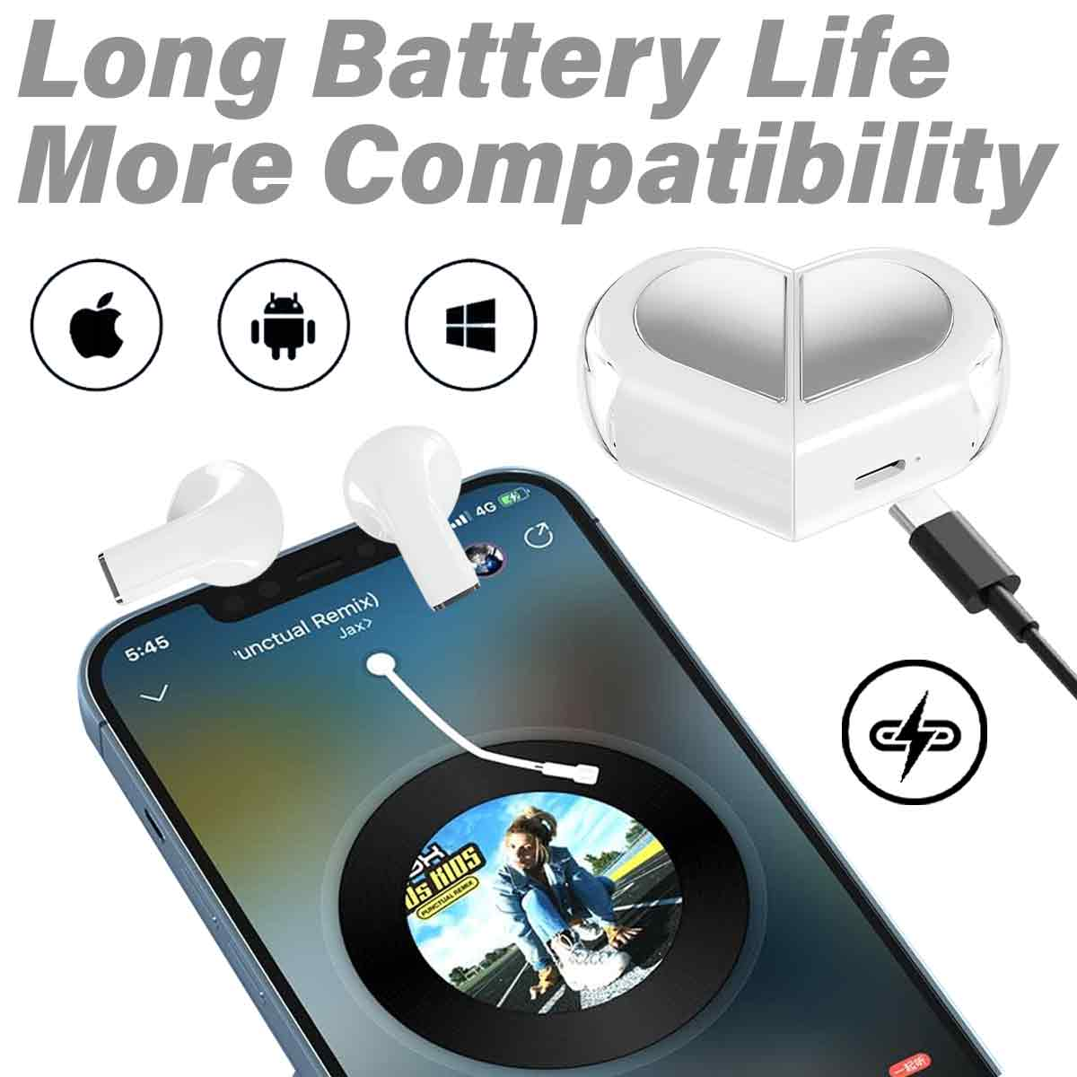 Ein Telefon, das ein Lied abspielt, mit weißen Ohrhörern und einem Ladeetui.