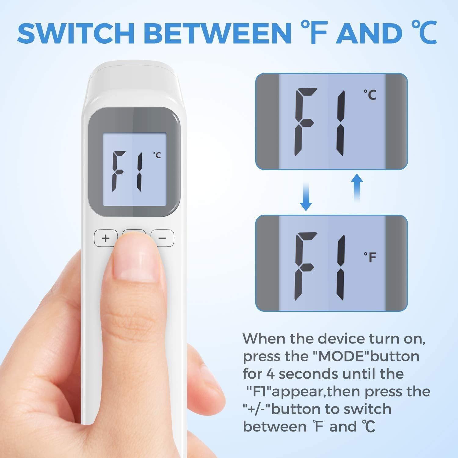 Eine Hand hält ein digitales Thermometer, Anweisungen zum Umschalten zwischen Fahrenheit und Celsius.