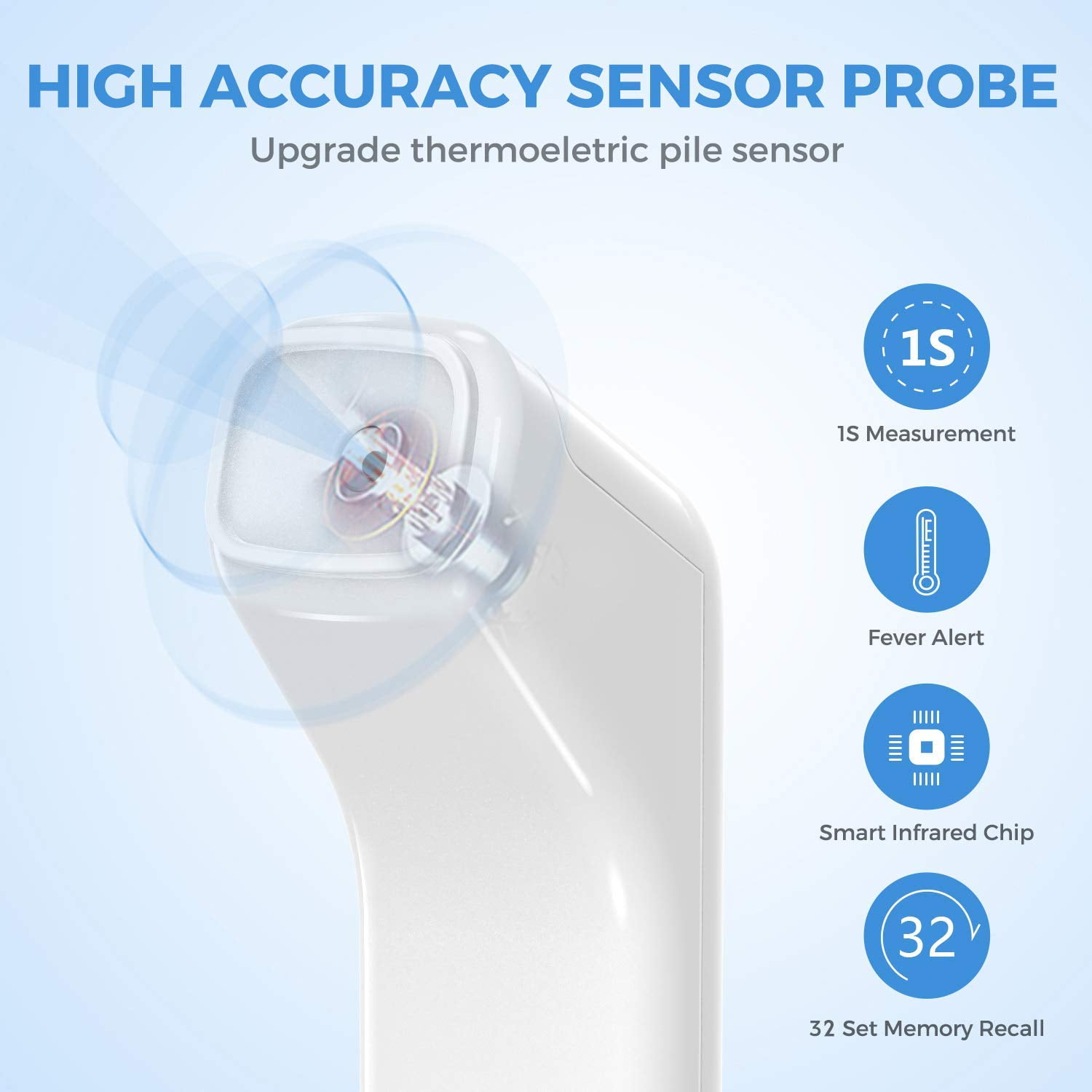 Nahaufnahme einer weißen Thermometersonde mit Symbolen und Titel zur Sensor-Genauigkeit.