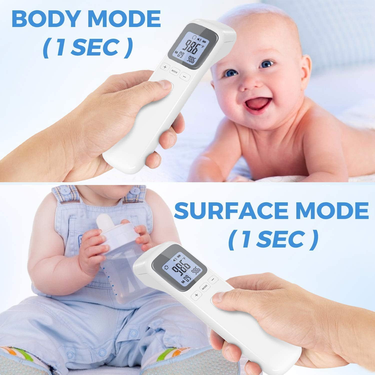Thermometer wird an Babys Stirn und Flasche verwendet. Zeigt Körper- und Oberflächenmodus an.