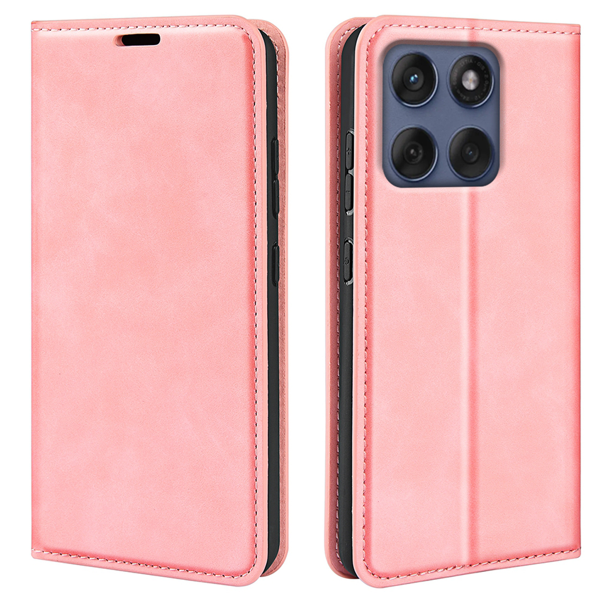 Roze telefoonhoesje, gesloten en open, met kaartsleuven en het scherm.