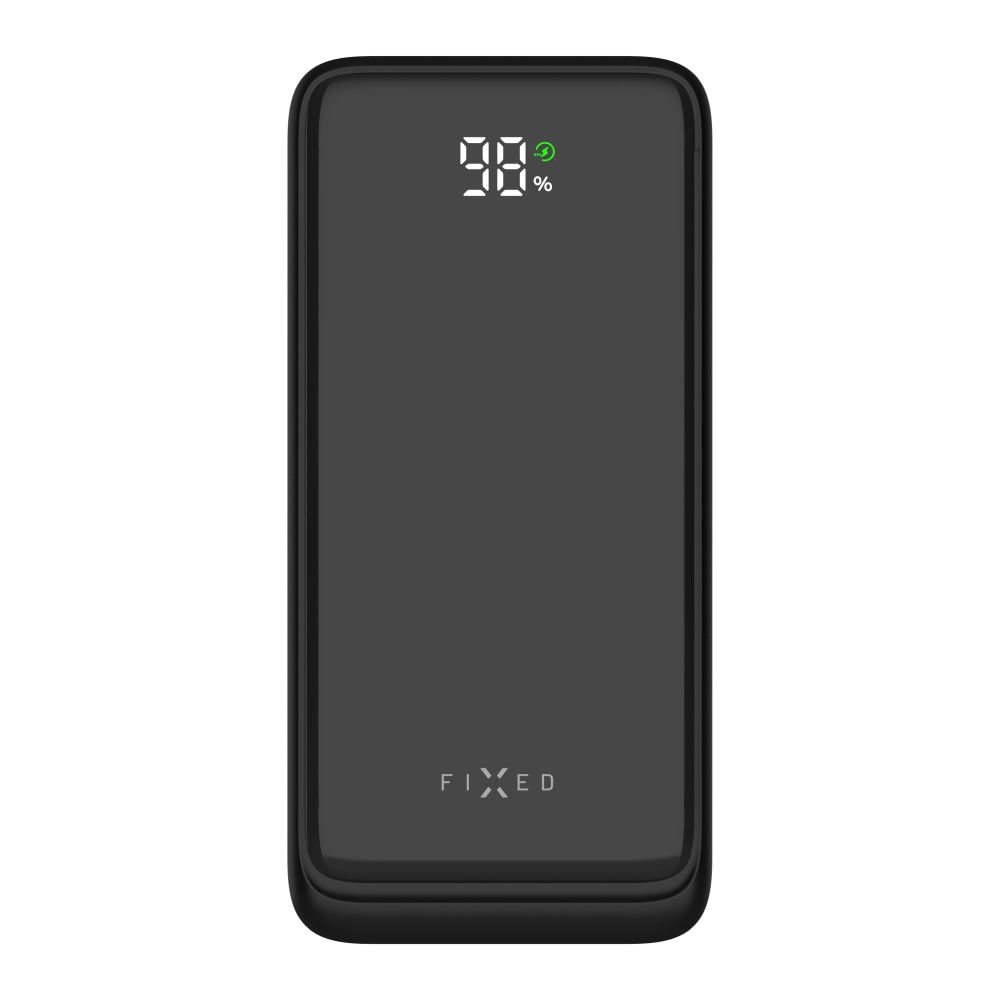 Schwarze Powerbank mit digitaler Prozentanzeige. Der Markenname „FIXED“ steht unten.