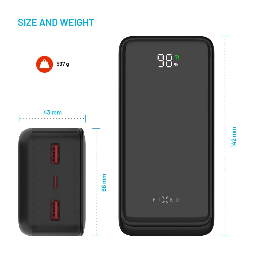 Eine schwarze Powerbank mit digitaler Anzeige, die den Akkustand anzeigt.
