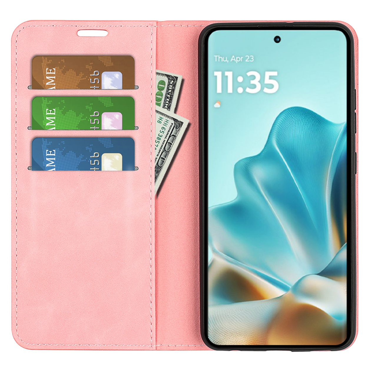 Roze telefoonhoes open, toont kaarten en geld. Scherm zichtbaar.