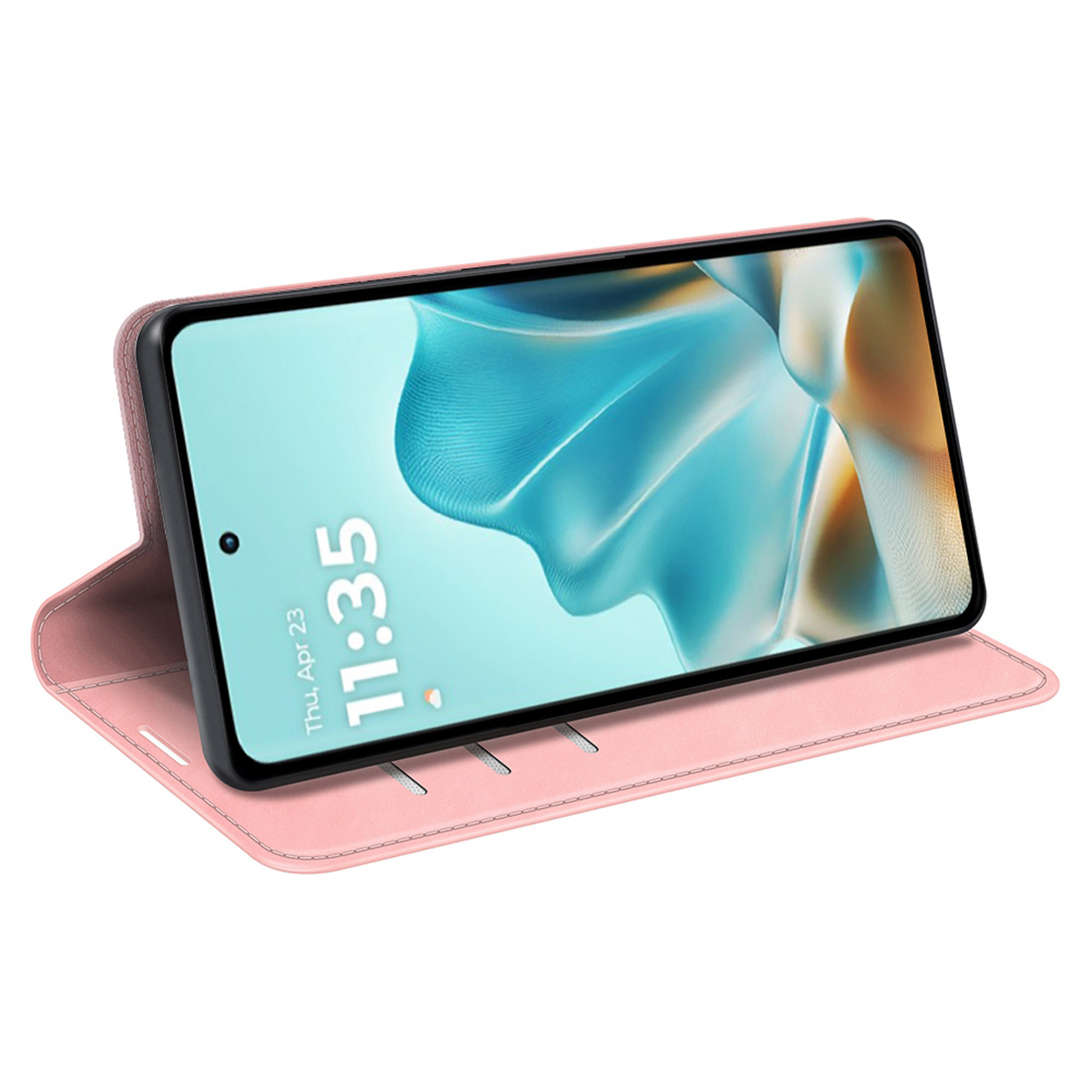 Roze telefoonhoes met tijd 11:35. De telefoon is open op een roze oppervlak.