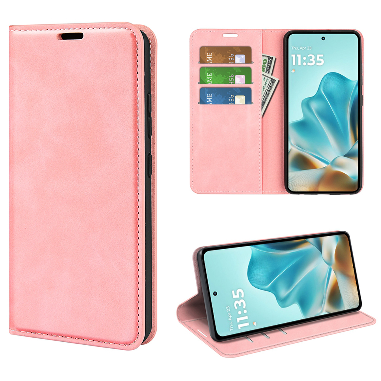 Een roze telefoonhoesje open, met een telefoon met klok en kaarten.