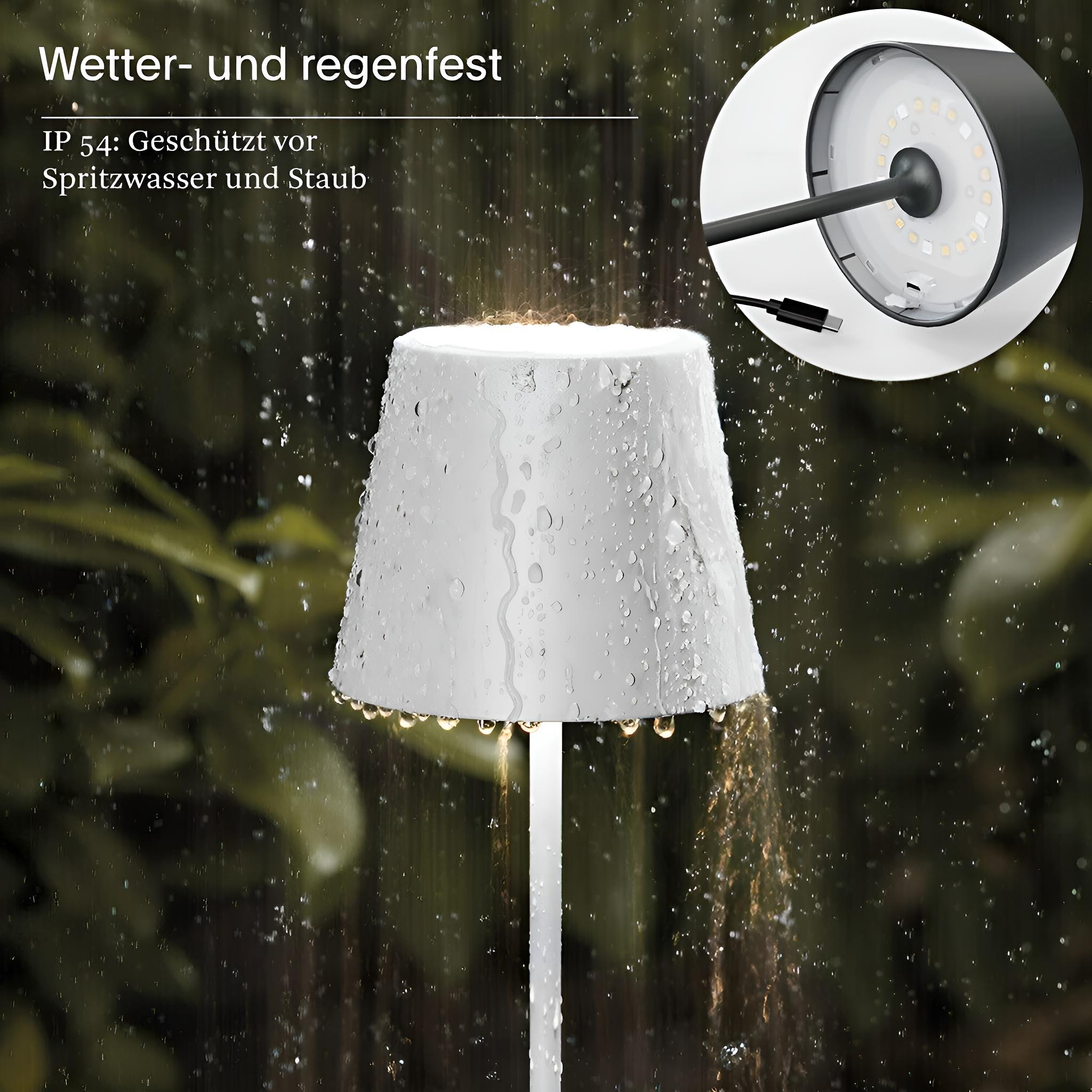Eine weiße, wasserdichte Außenlampe mit Wassertropfen. Nahaufnahme zeigt LEDs und USB.