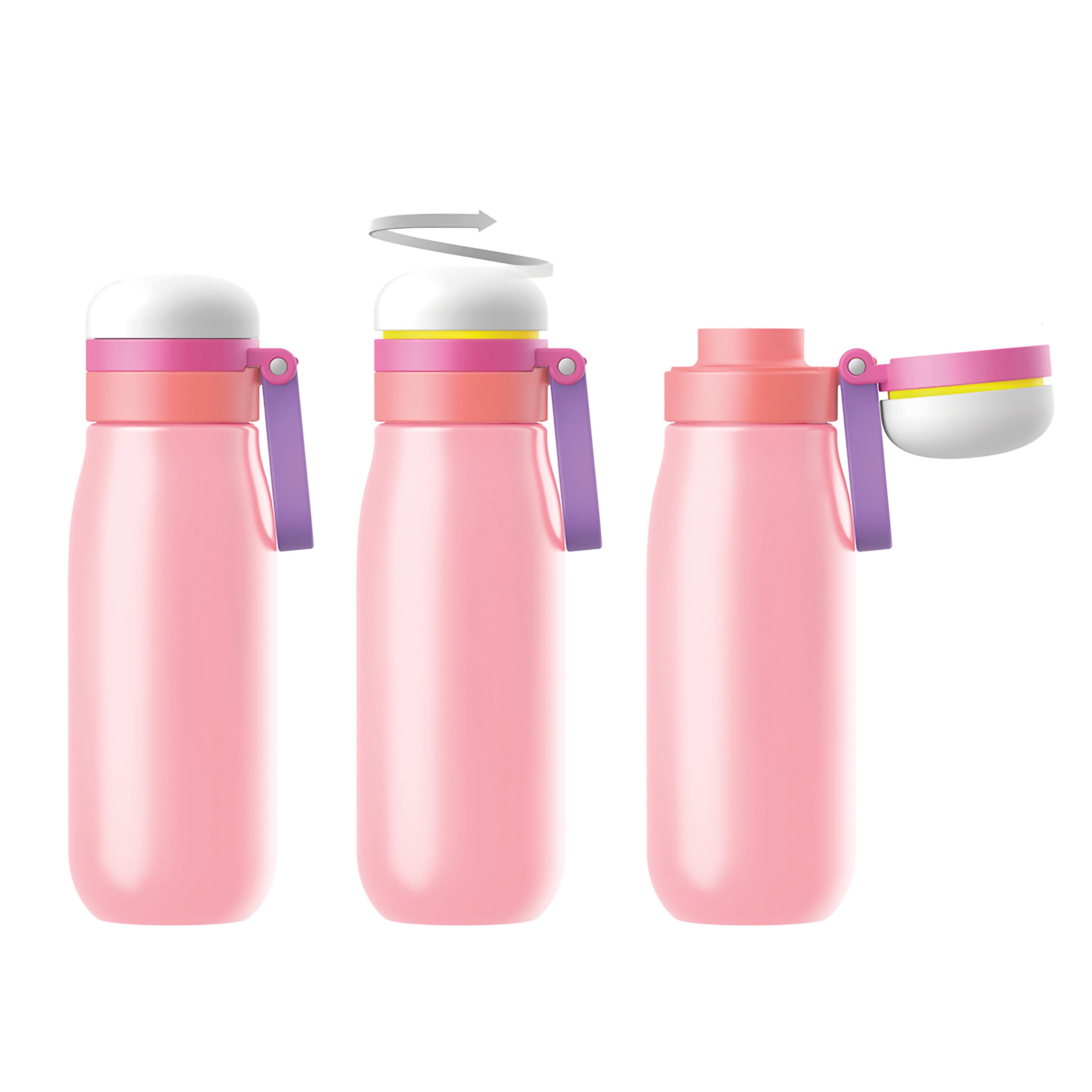 Drei rosa Wasserflaschen, die offene und geschlossene Zustände zeigen.